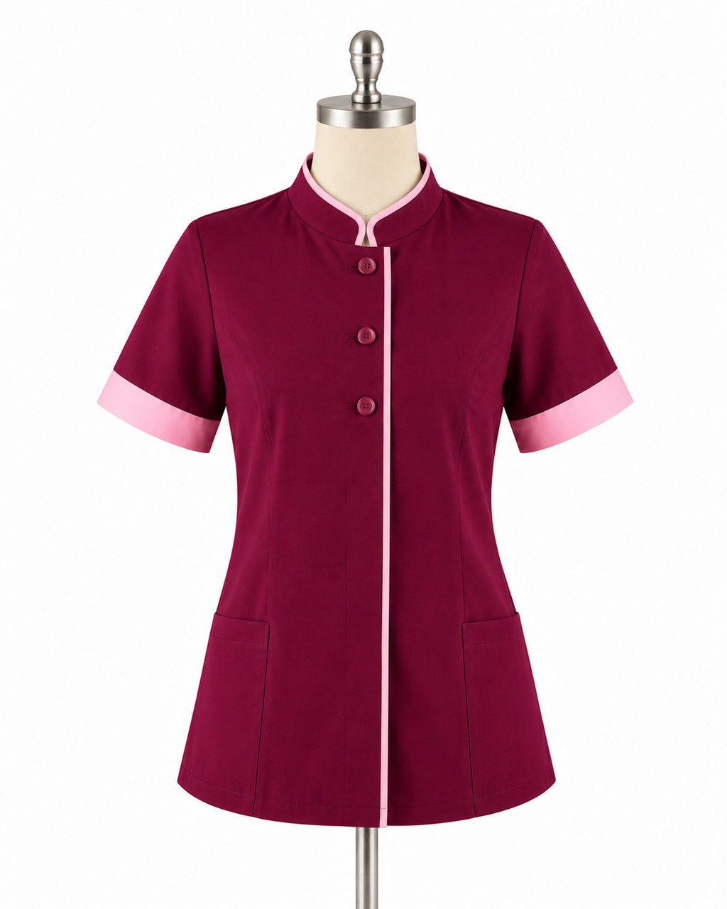 Chaqueta pastelera mujer Askary en maniquí con fondo blanco color burdeos y vivos rosados