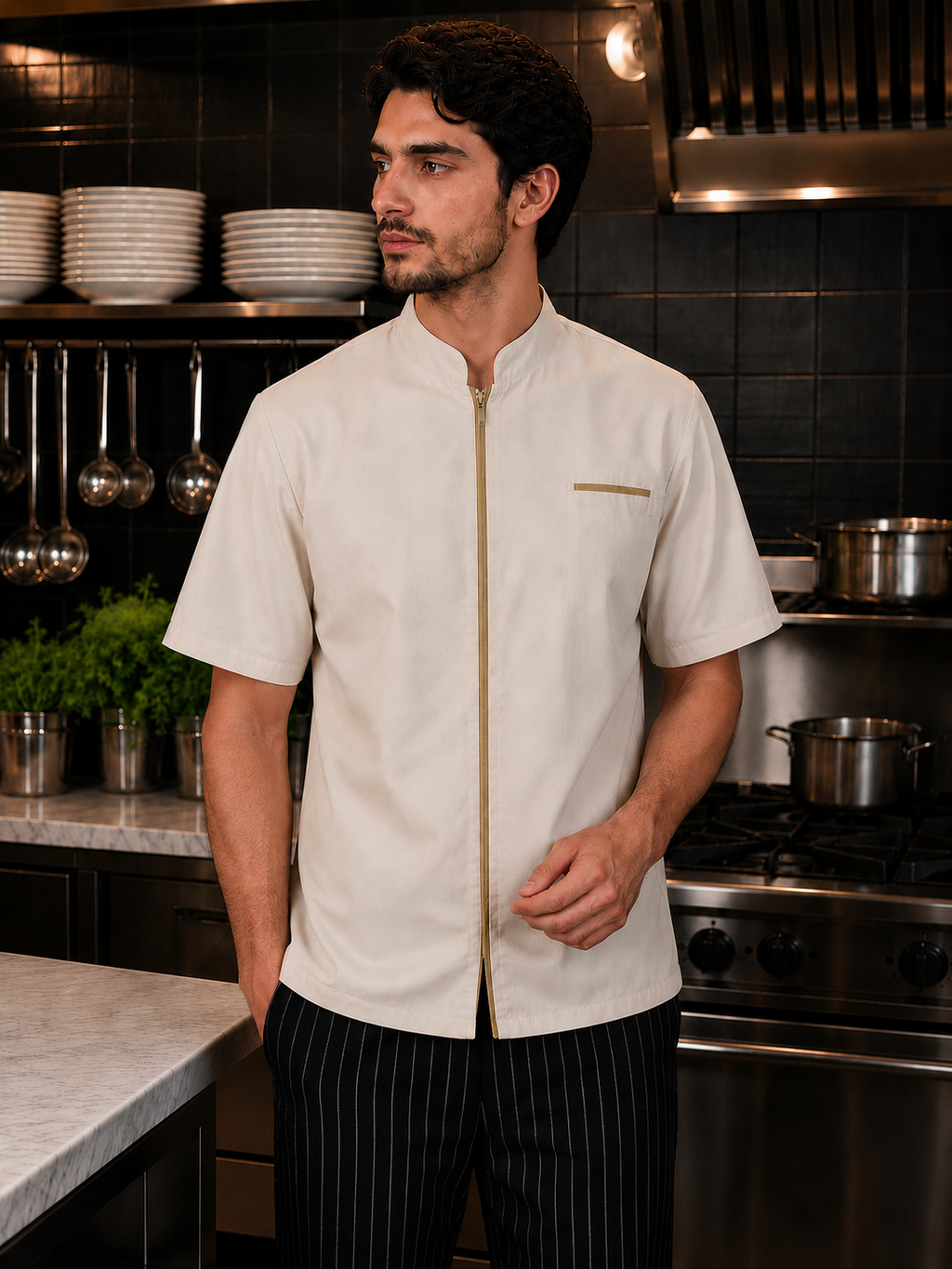 Chaqueta de Chef Hombre Blanca con Vivo Mostaza Askary | Uniforme de Cocina