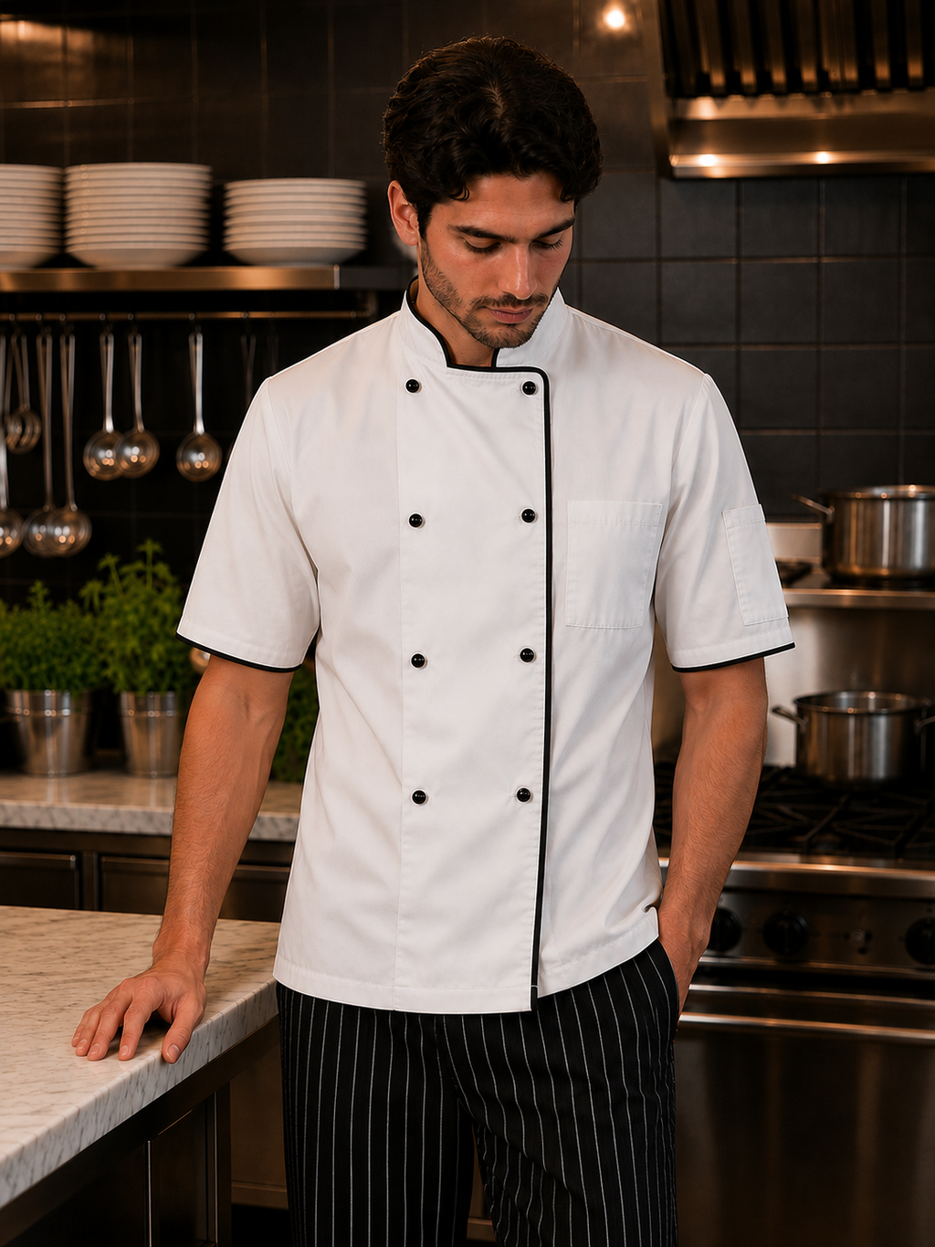 Chef hombre usando chaqueta de cocina blanca con vivo negro Askary manga corta