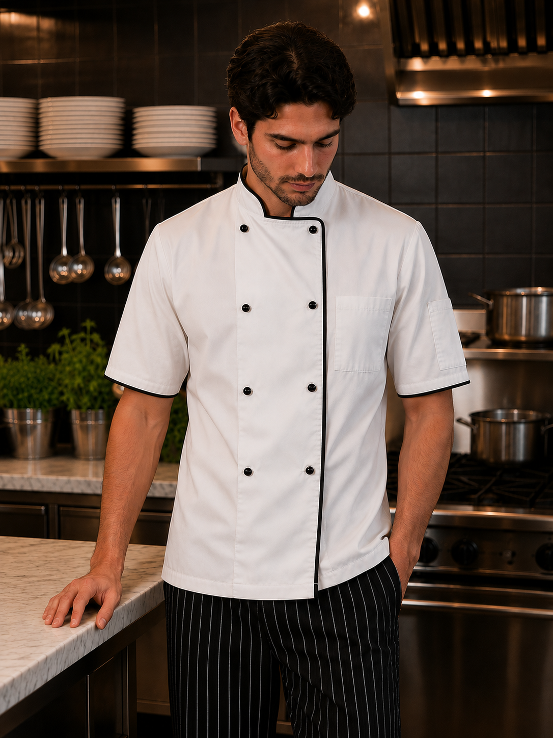 Chef hombre usando chaqueta de cocina blanca con vivo negro Askary manga corta