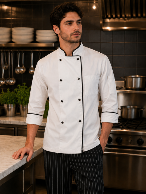 Chaqueta de chef hombre blanca con vivo negro Askary manga corta en cocina profesional