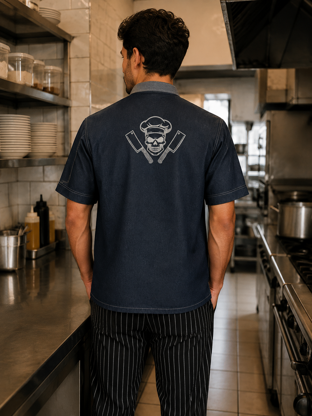 Chaqueta chef hombre denim con estampado Calavera Chef en la espalda