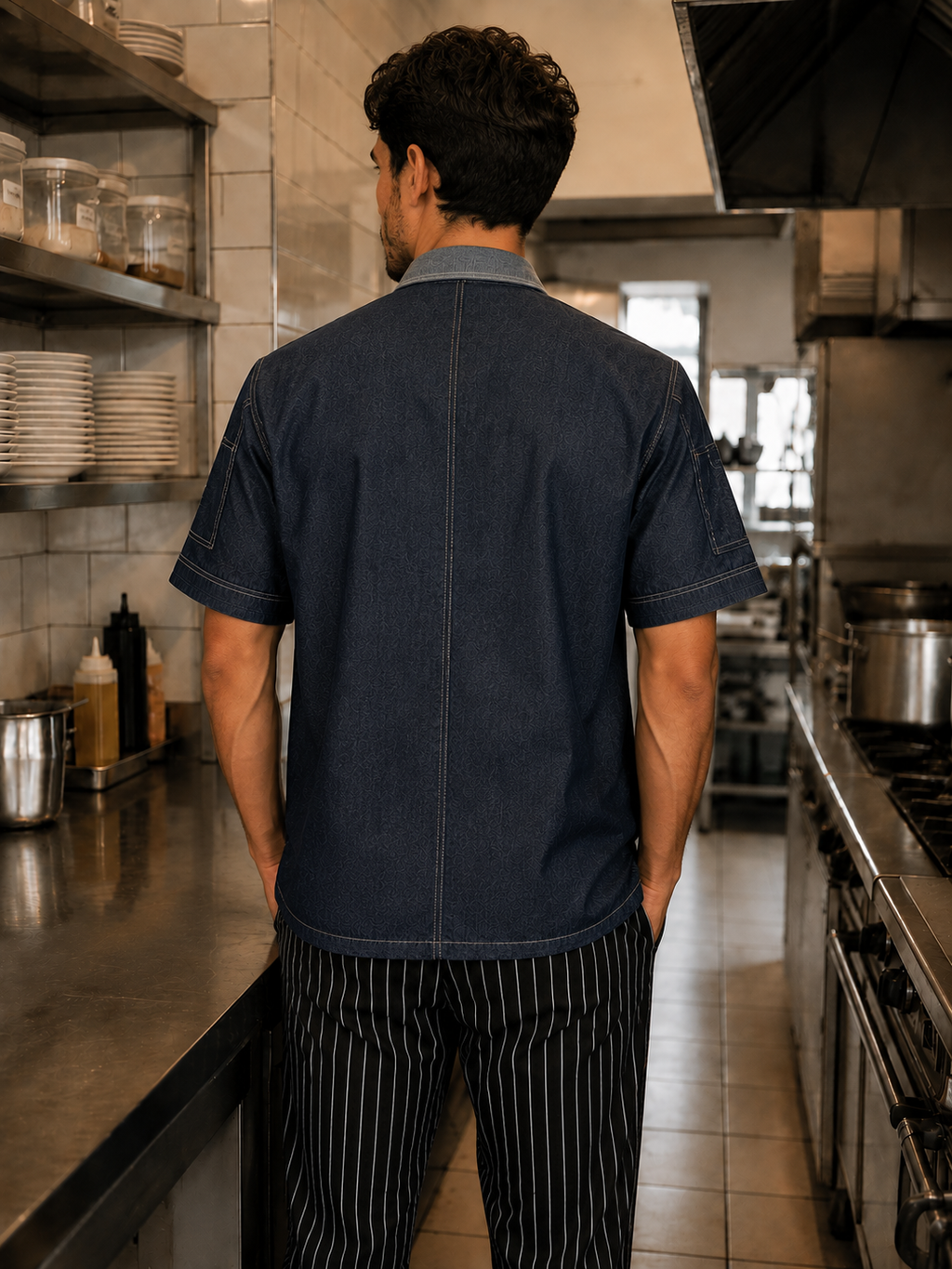 Chaqueta de chef hombre denim vista trasera manga corta Askary