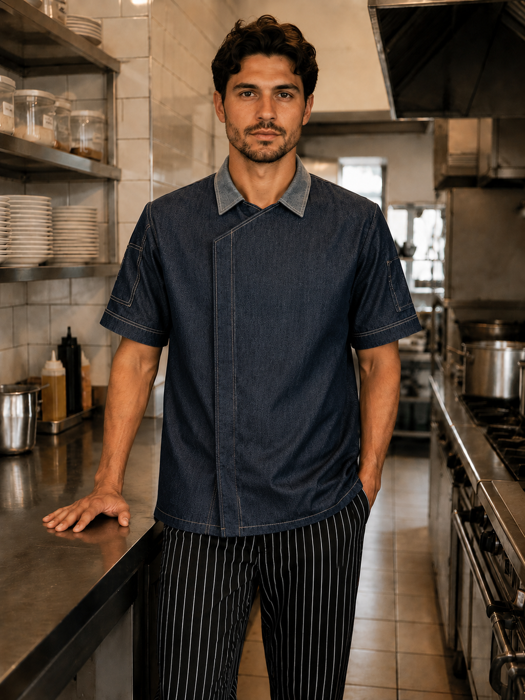 Chaqueta chef hombre de mezclilla denim con cierre lateral oculto