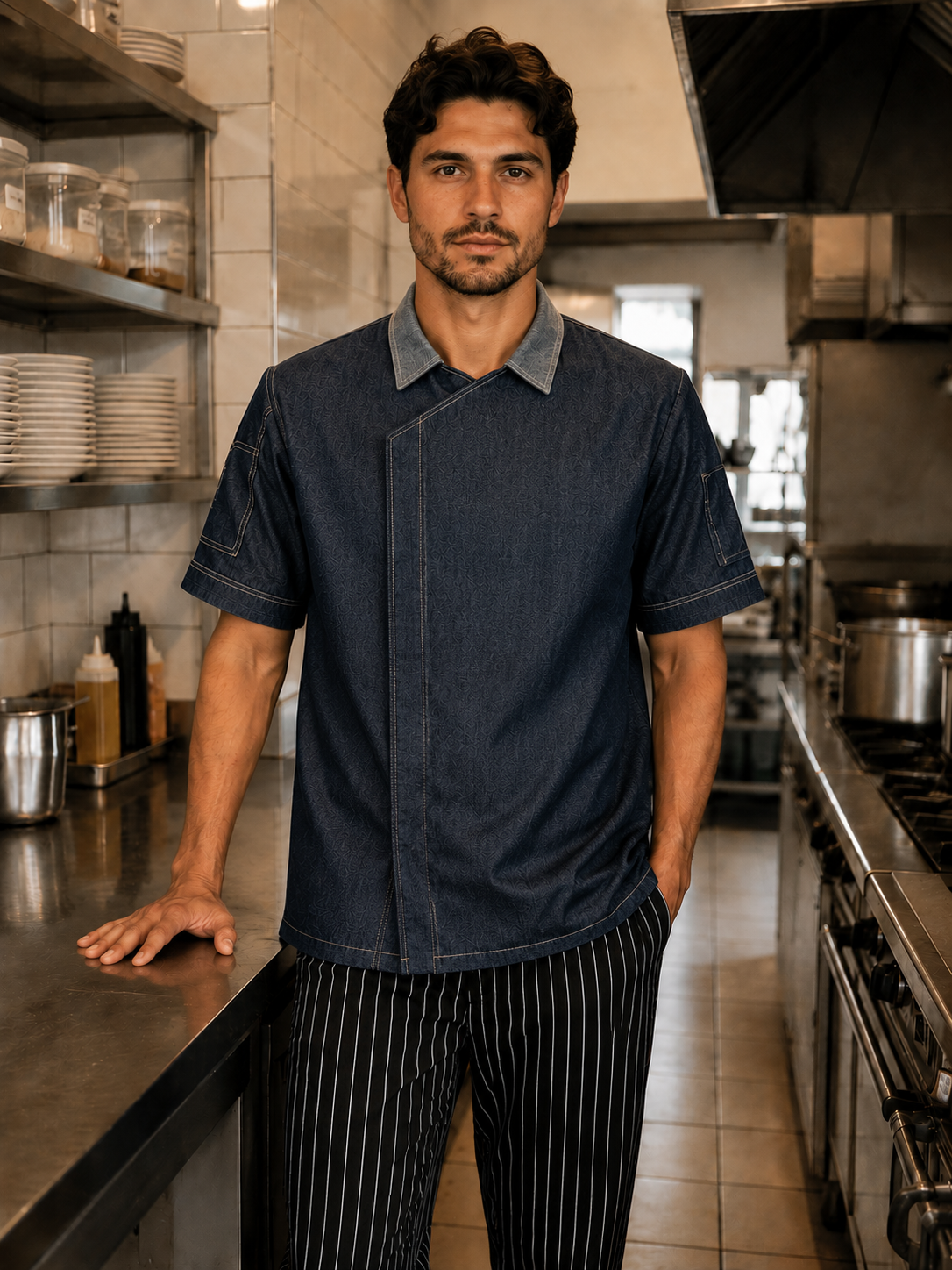 Chaqueta chef hombre de mezclilla denim con cierre lateral oculto