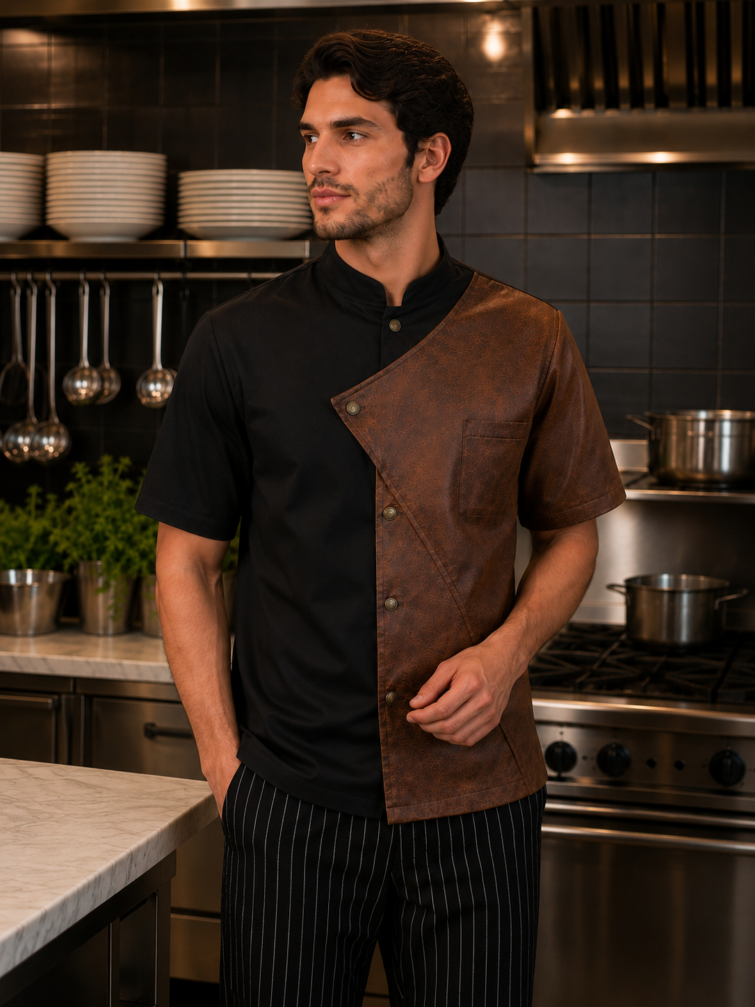 chaqueta chef hombre personalizable negra con cuero cafe askary lifestyle