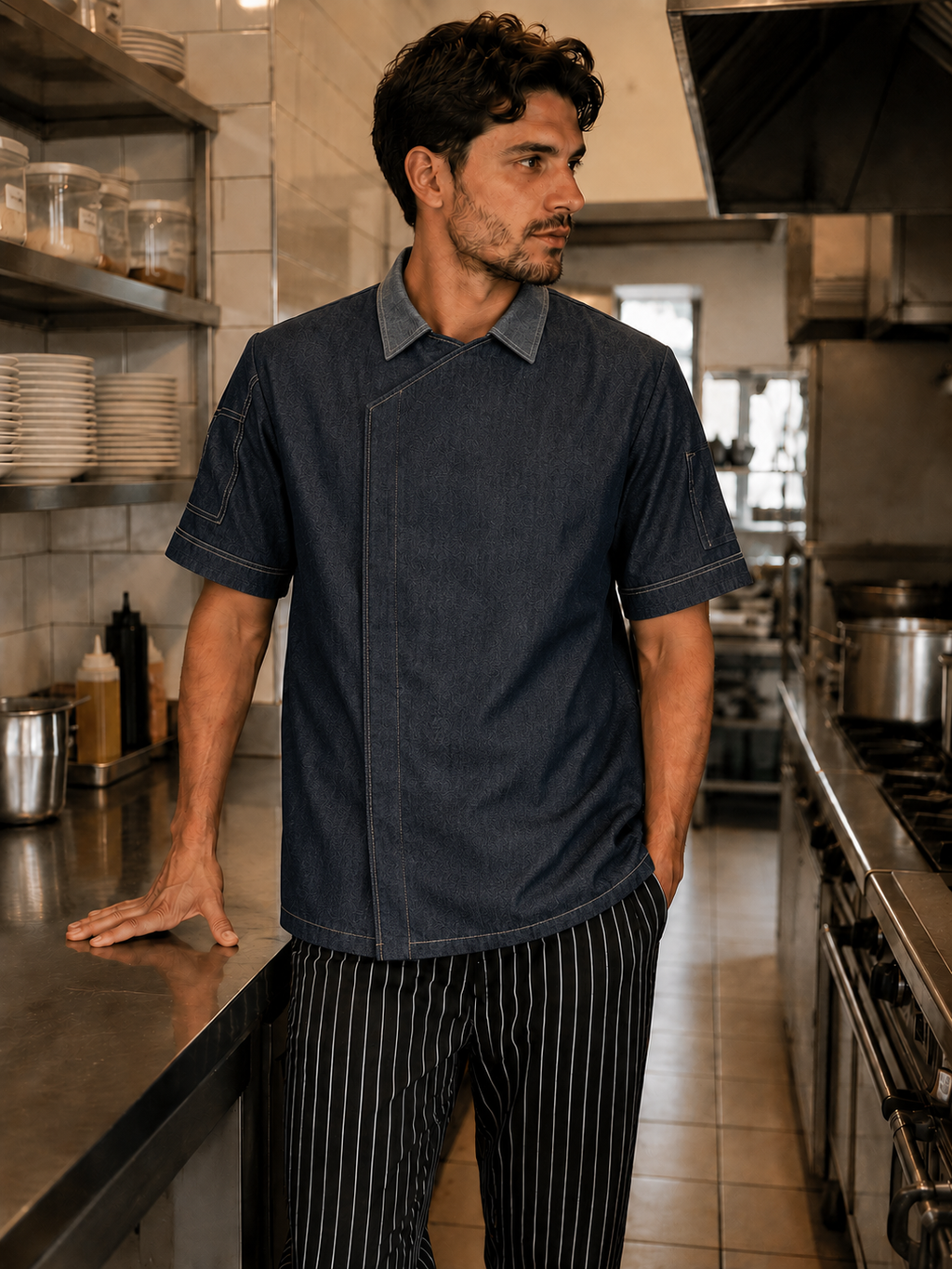 Chaqueta de chef hombre denim manga corta con cierre oculto Askary