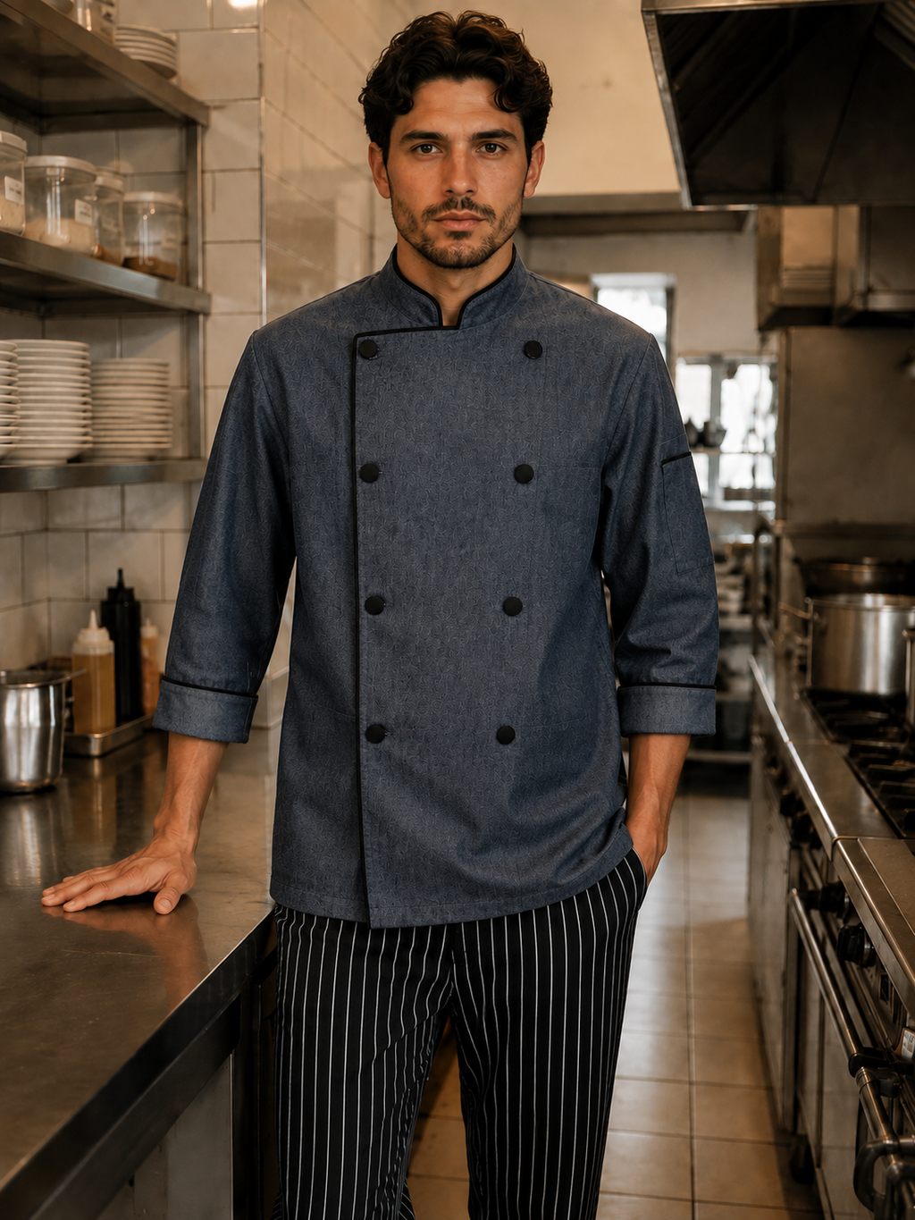 Chaqueta de Chef Hombre Denim con vivos negros | Askary