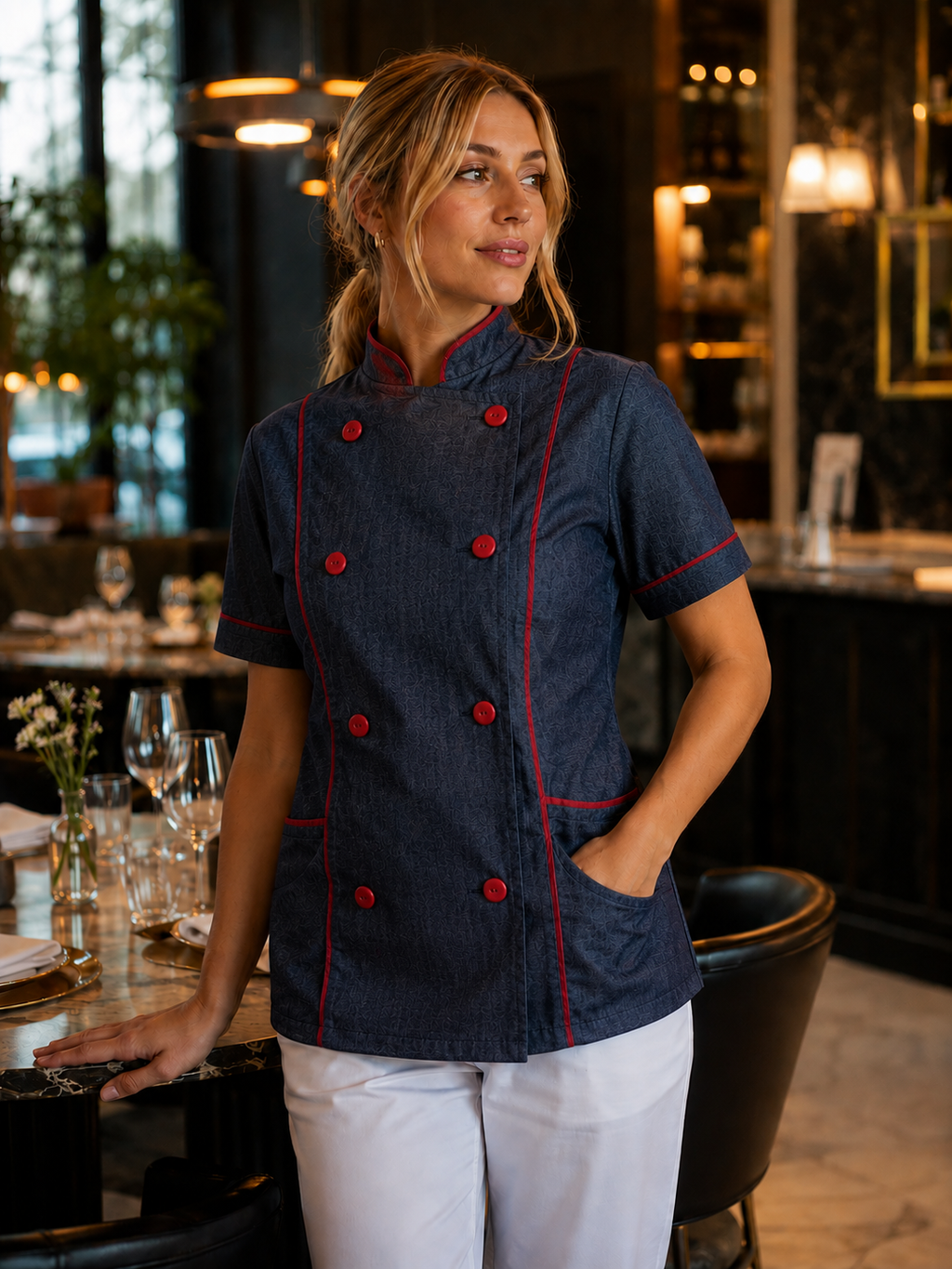 Chaqueta de Chef Mujer Denim con Vivos Rojos | Askary