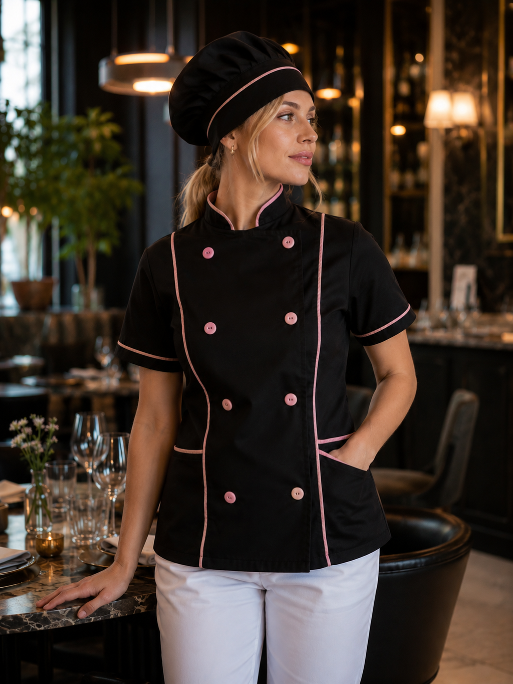 chaqueta chef negra para mujer con vivos rosados y manga corta