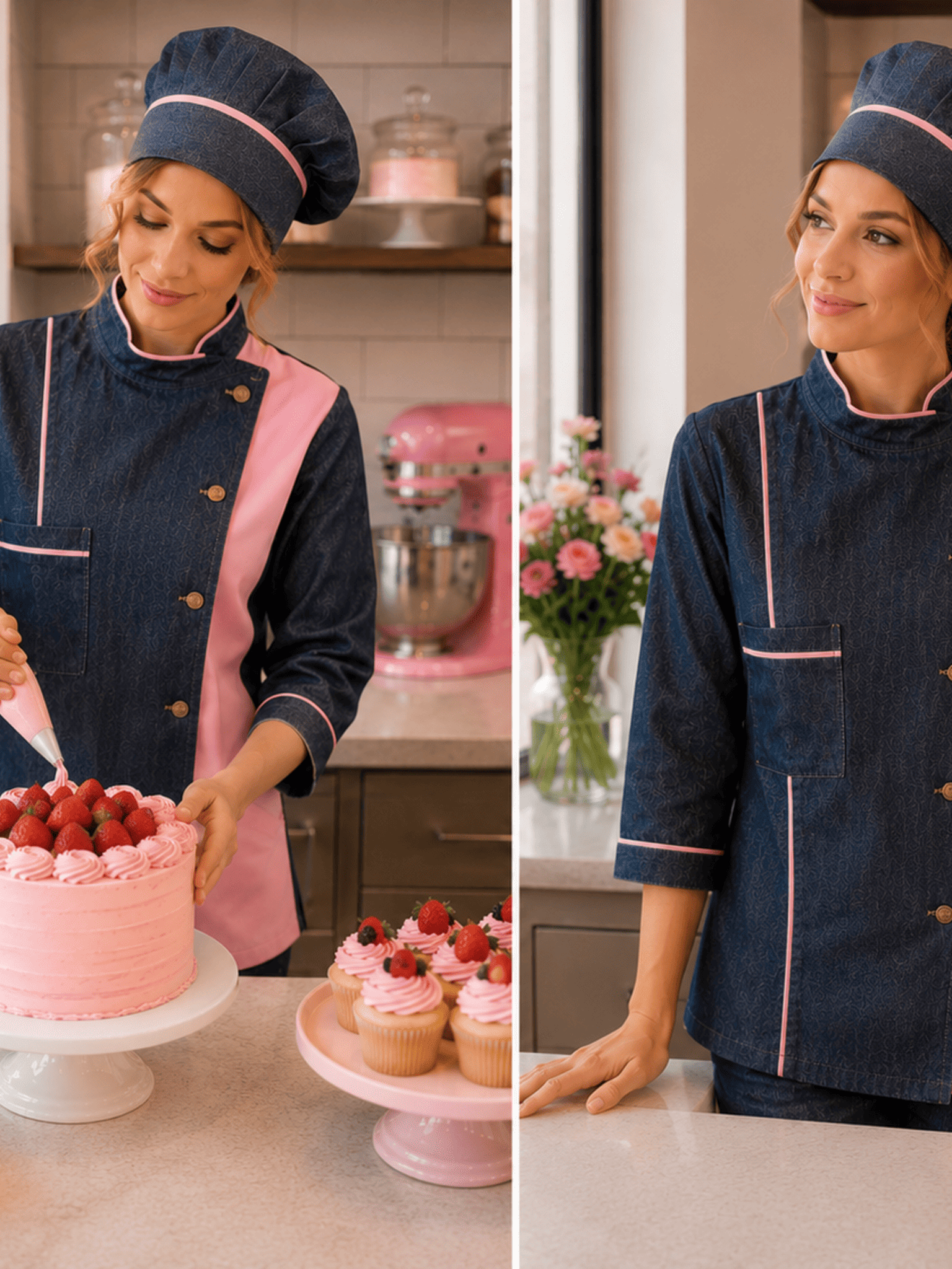 Chaqueta Chef Mujer Denim con Palo Rosa| Uniforme Cocina Askary