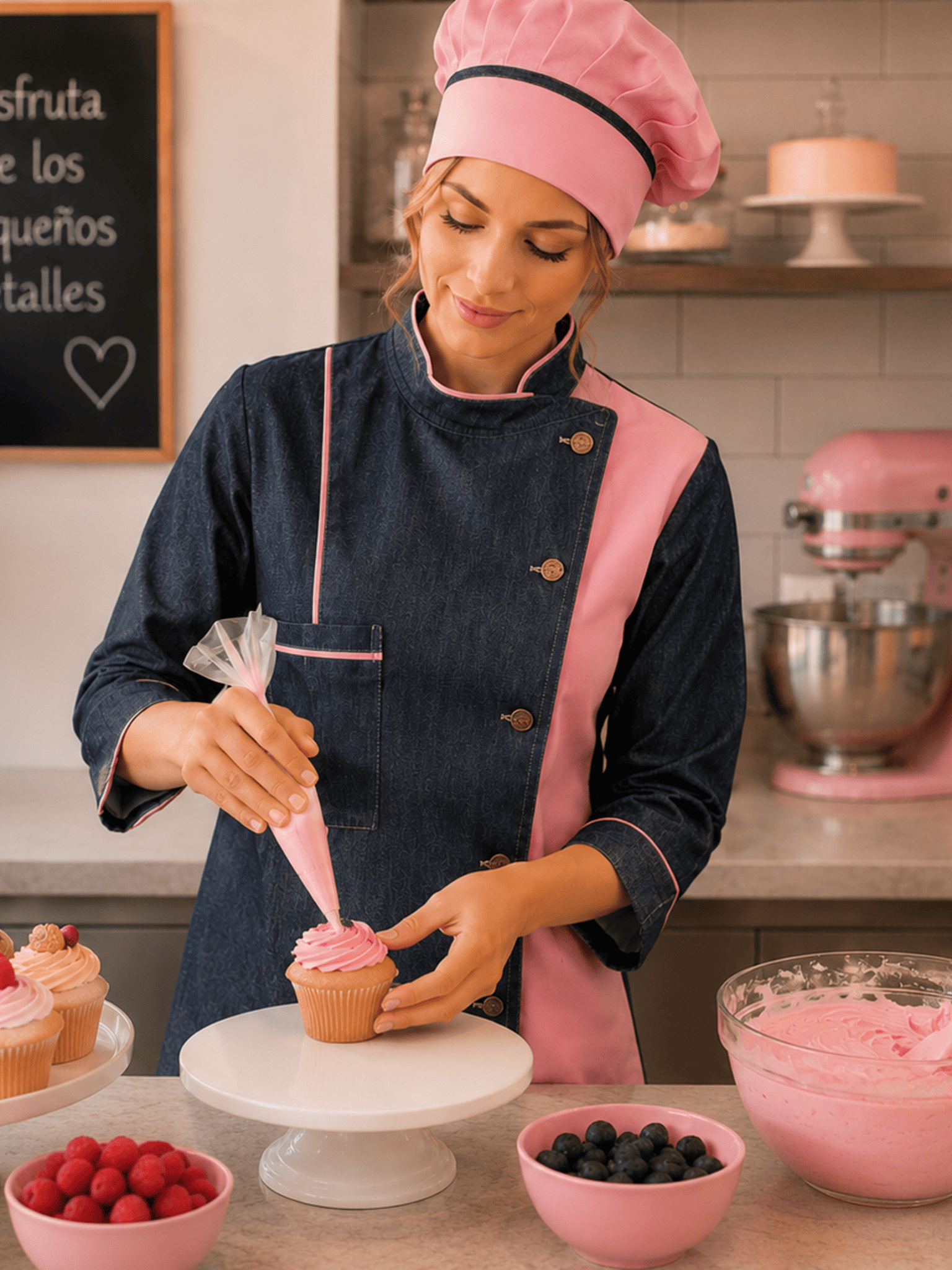 Chaqueta Chef Mujer Denim con Palo Rosa| Uniforme Cocina Askary