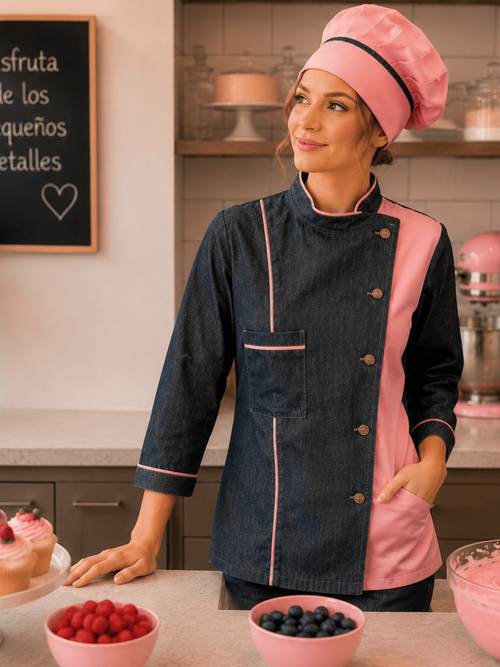 Chaqueta Chef Mujer Denim con Palo Rosa| Uniforme Cocina Askary