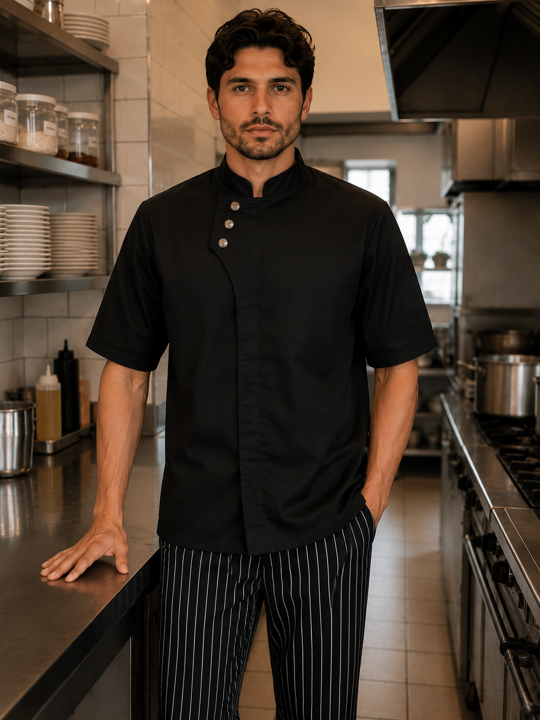 Chef hombre usando chaqueta negra Askary manga corta preparando alimentos
