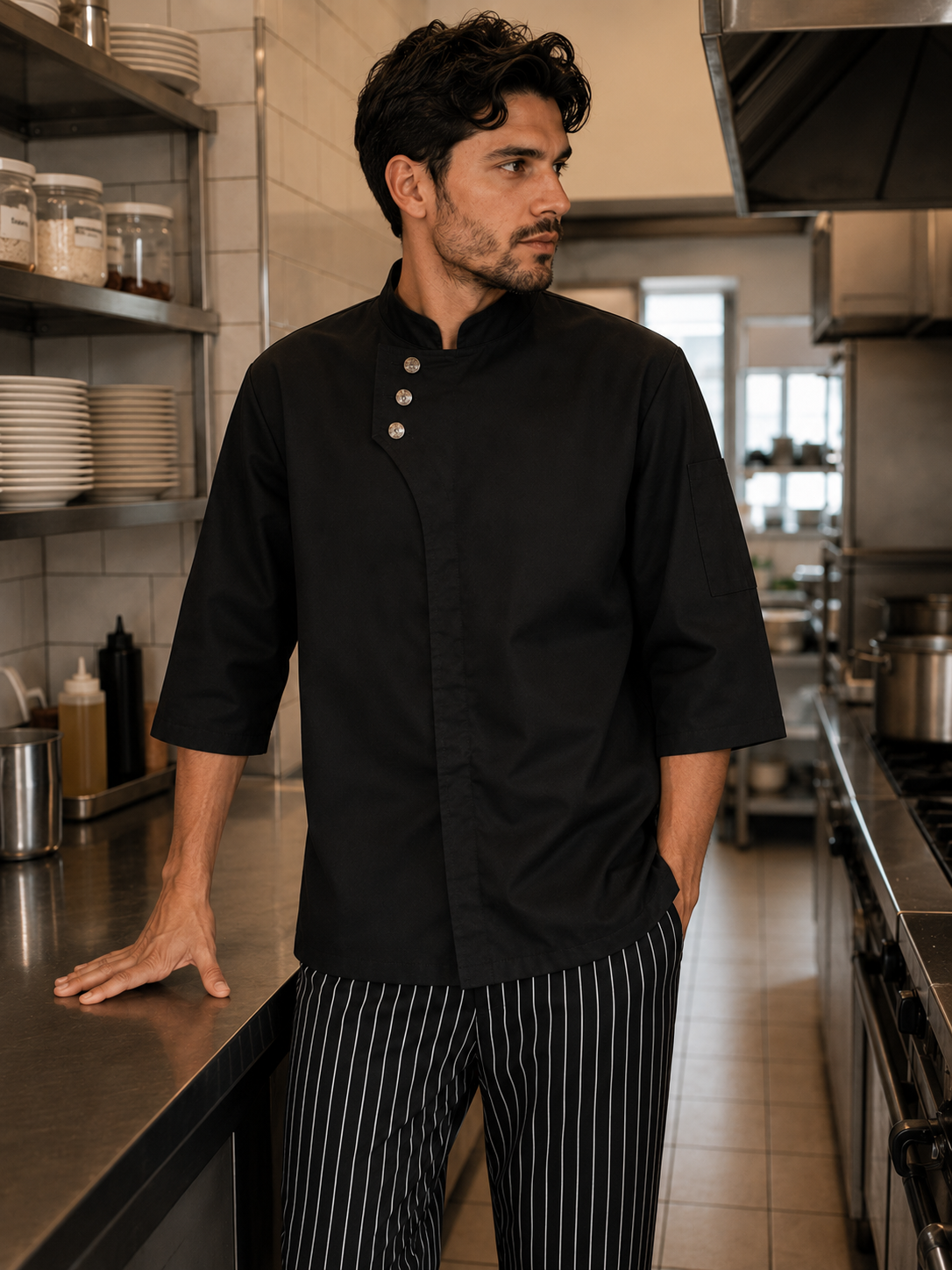 Chaqueta de chef hombre negra Askary con cuello mao en cocina profesional
