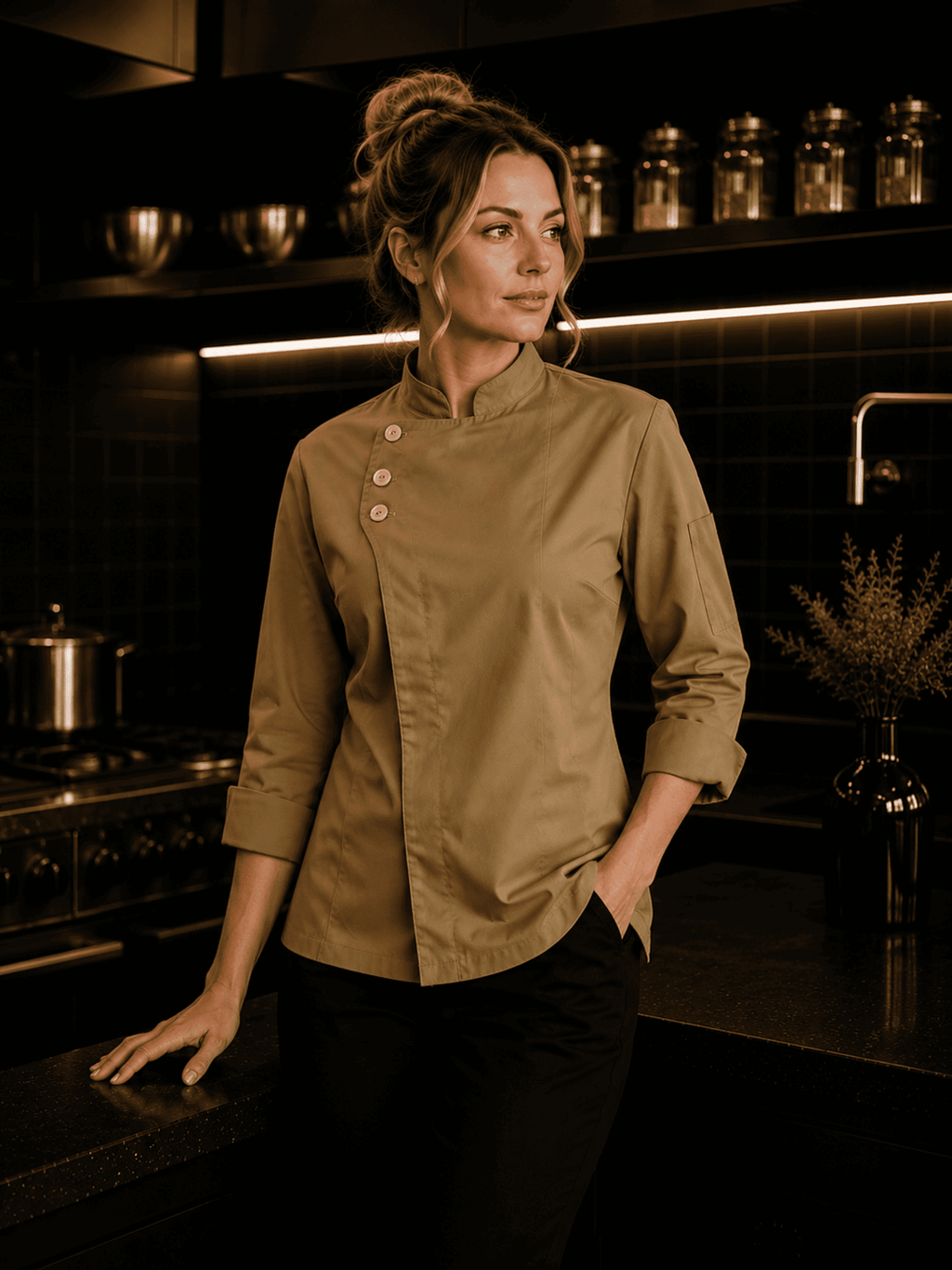 Chaqueta de Chef Mujer Beige Askary de Gabardina | Uniforme de Cocina Chile