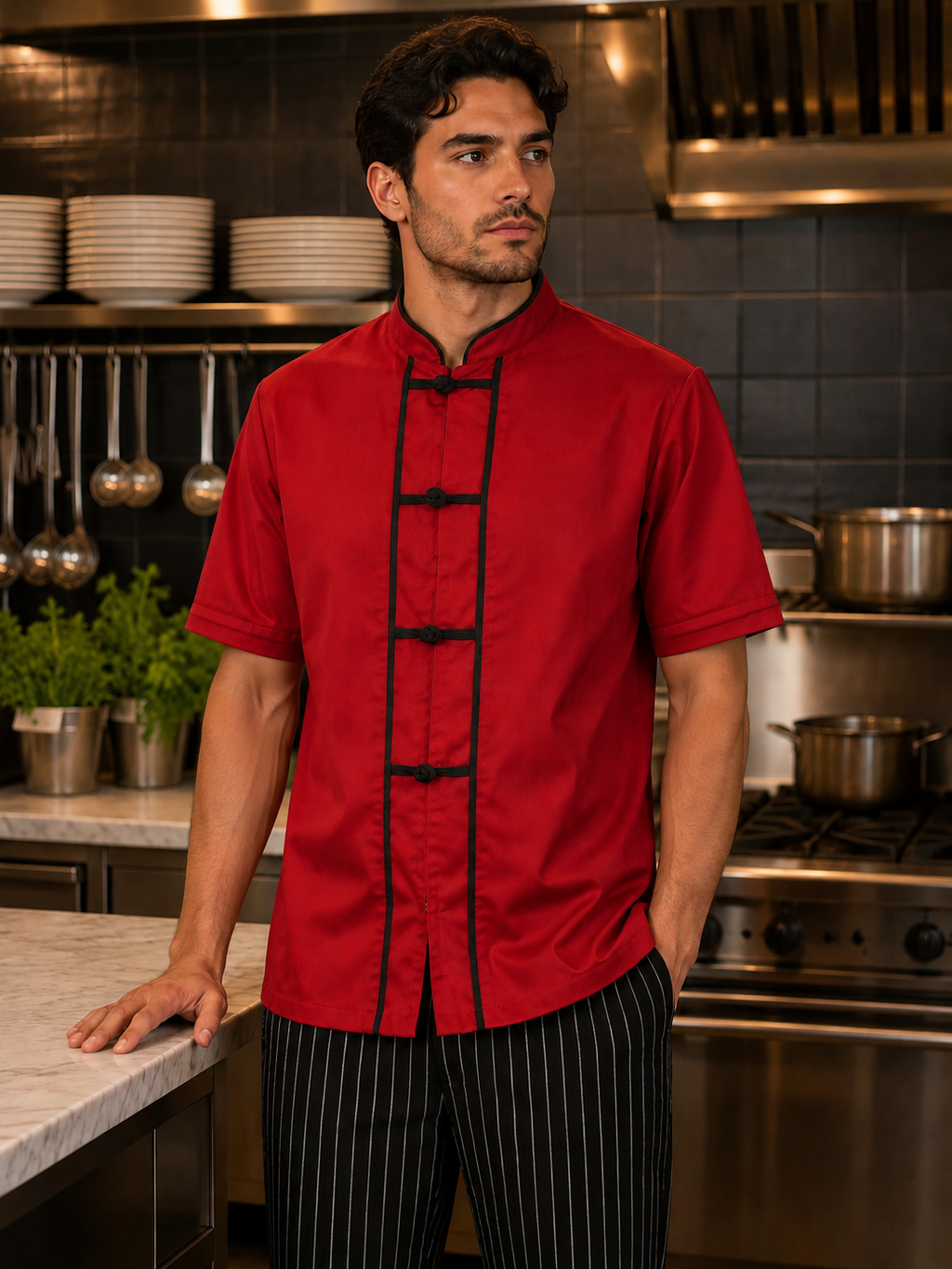 Chef hombre usando chaqueta roja oriental Askary manga desmontable en cocina profesional