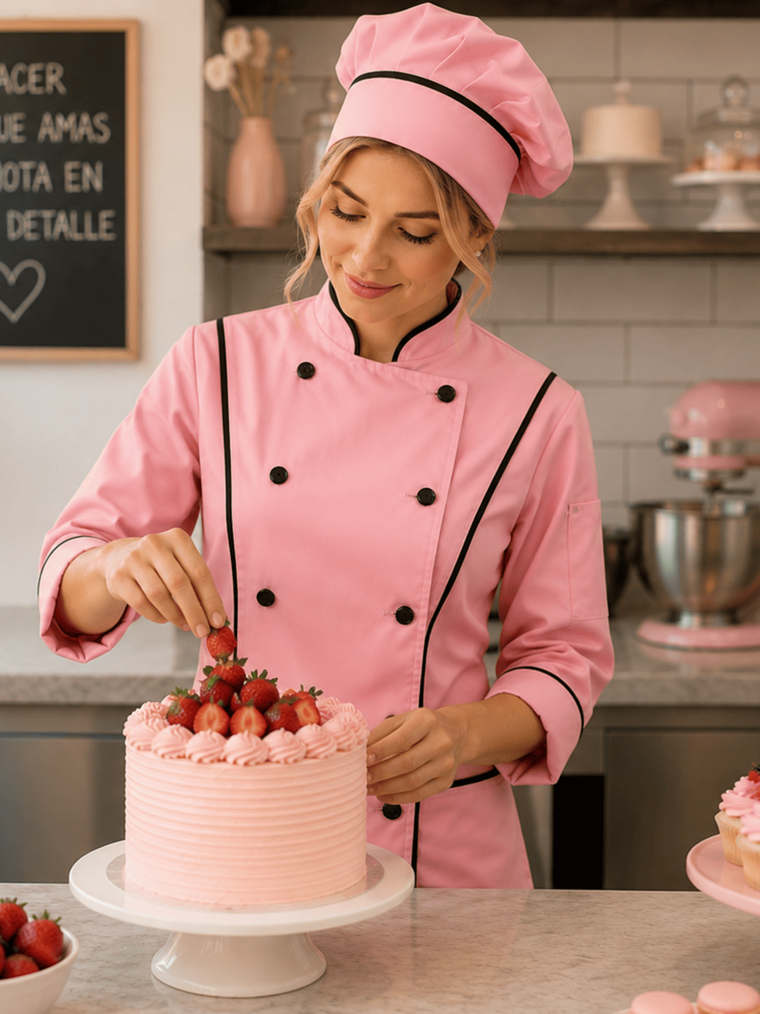 chaqueta rosada de pastelera con botones y vivos negros