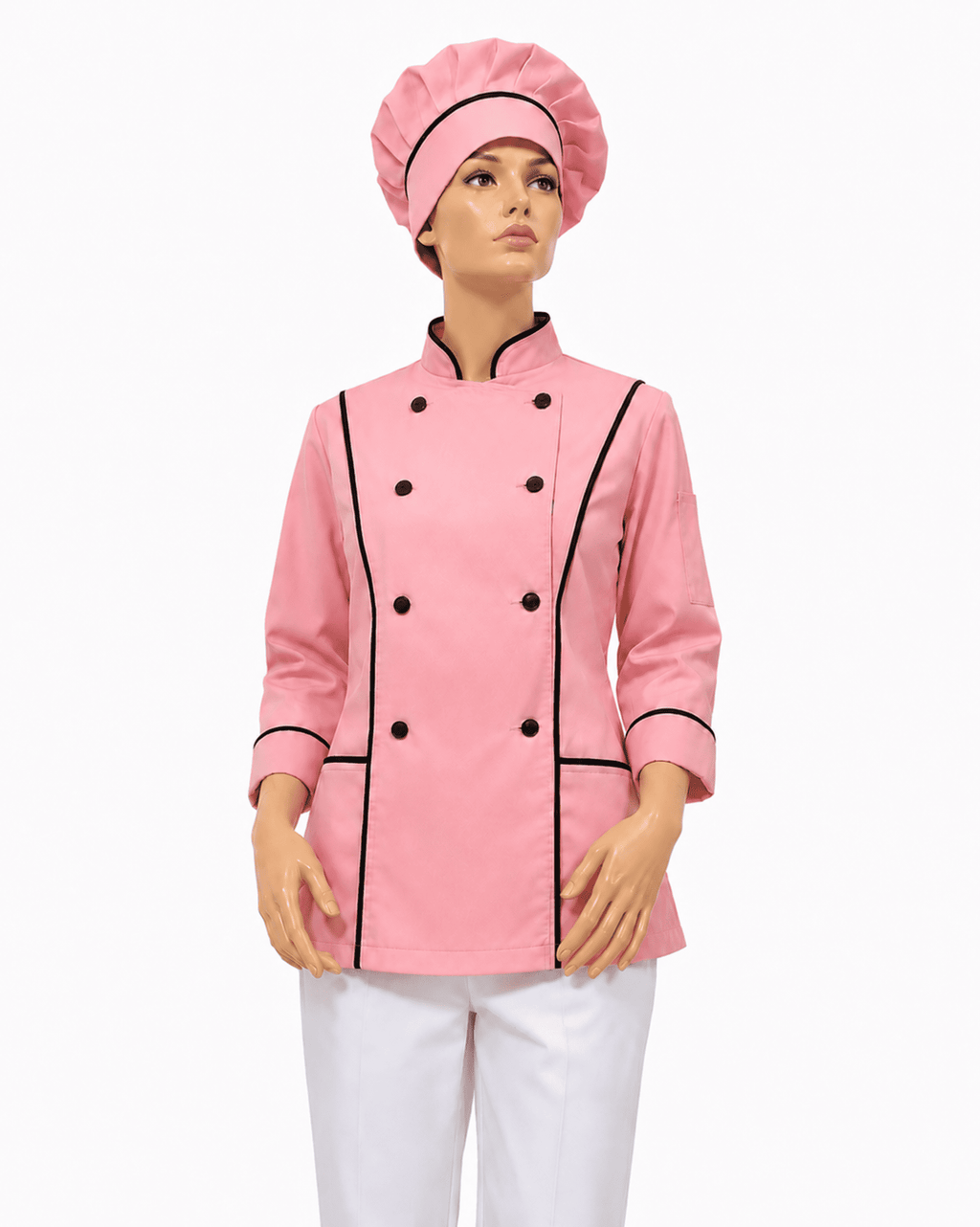 chaqueta rosada con vivos y botones negros de pastelera en maniqui
