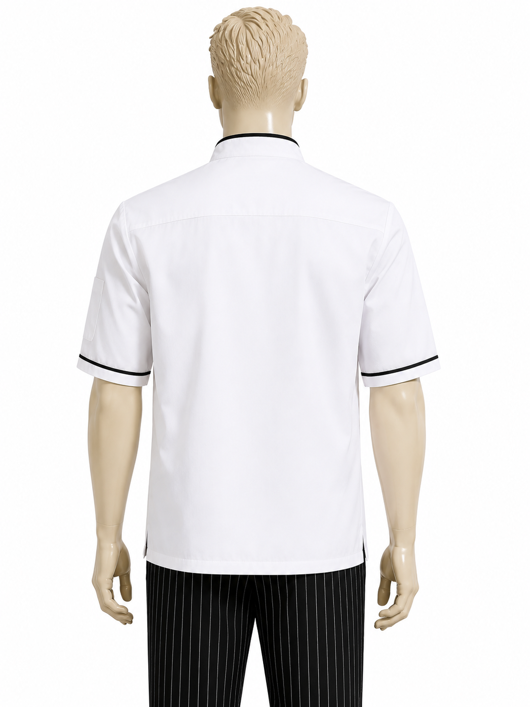 Chaqueta de chef hombre blanca con vivo negro Askary manga corta maniquí trasero