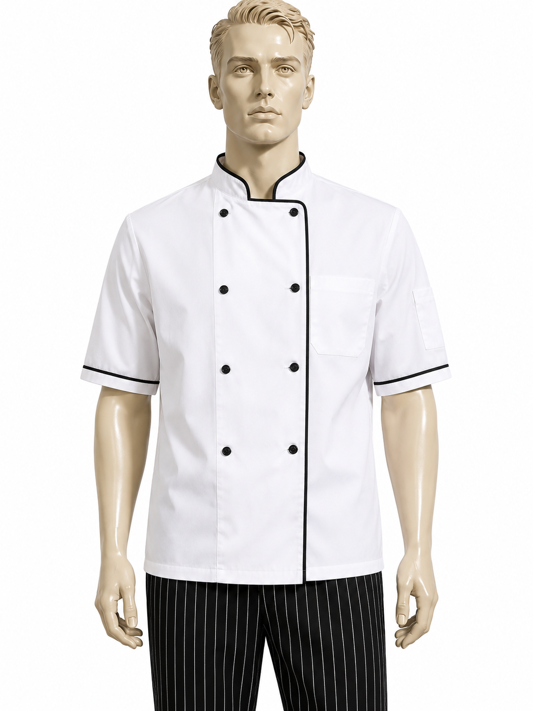 Chaqueta de chef hombre blanca con vivo negro Askary manga corta maniquí frontal