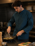 chaqueta chef hombre azul petróleo askary gabardina manga larga cocinando en cocina profesional
