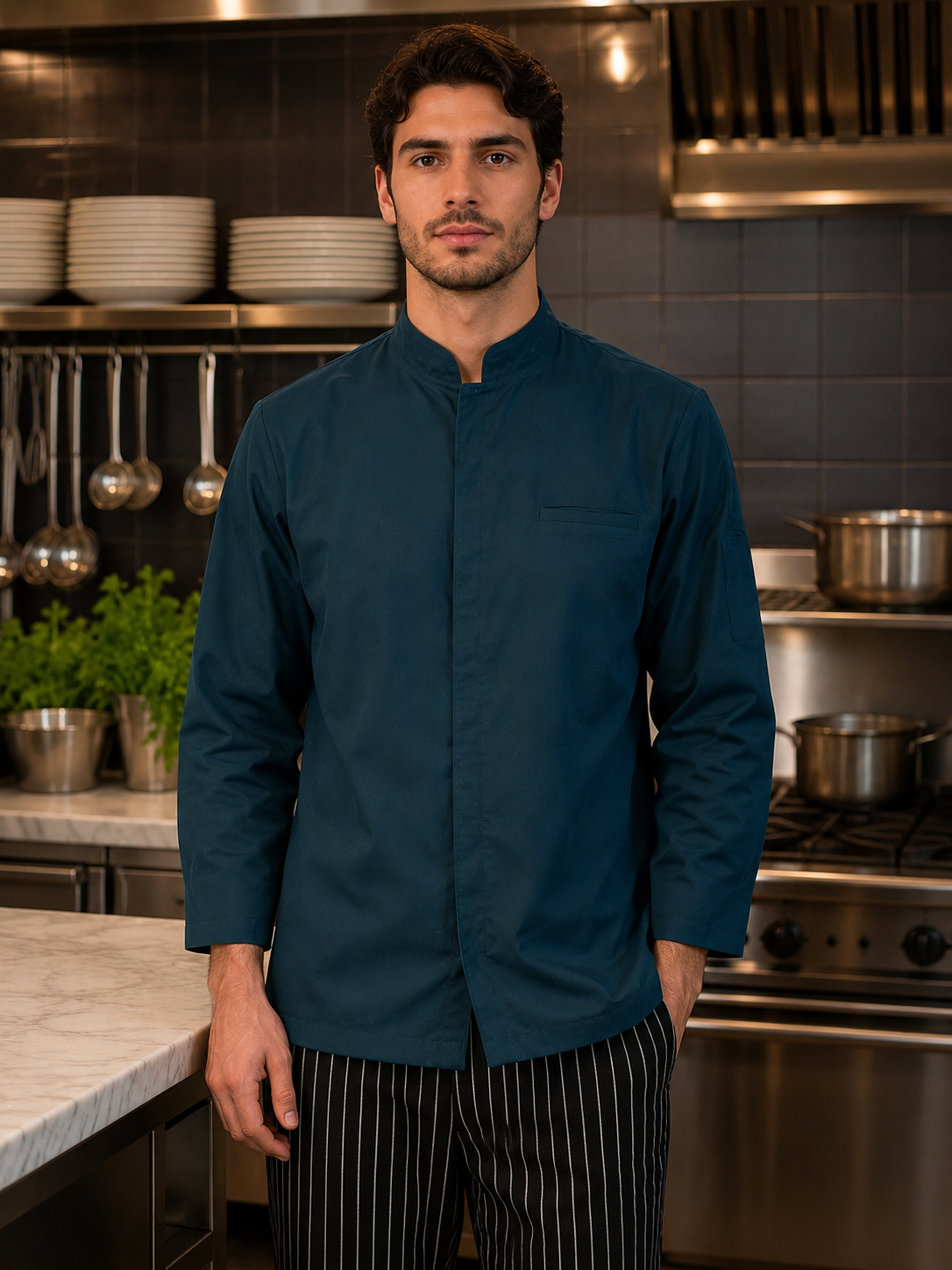 chaqueta chef hombre azul petróleo askary uniforme de cocina hombre en restaurante moderno