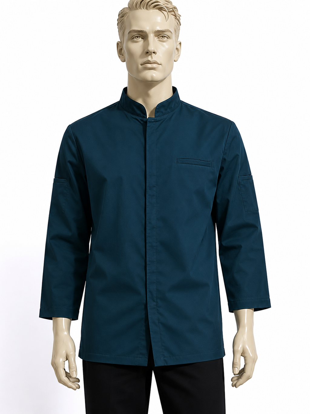 chaqueta chef hombre azul petróleo askary gabardina cierre oculto vista frontal fondo blanco