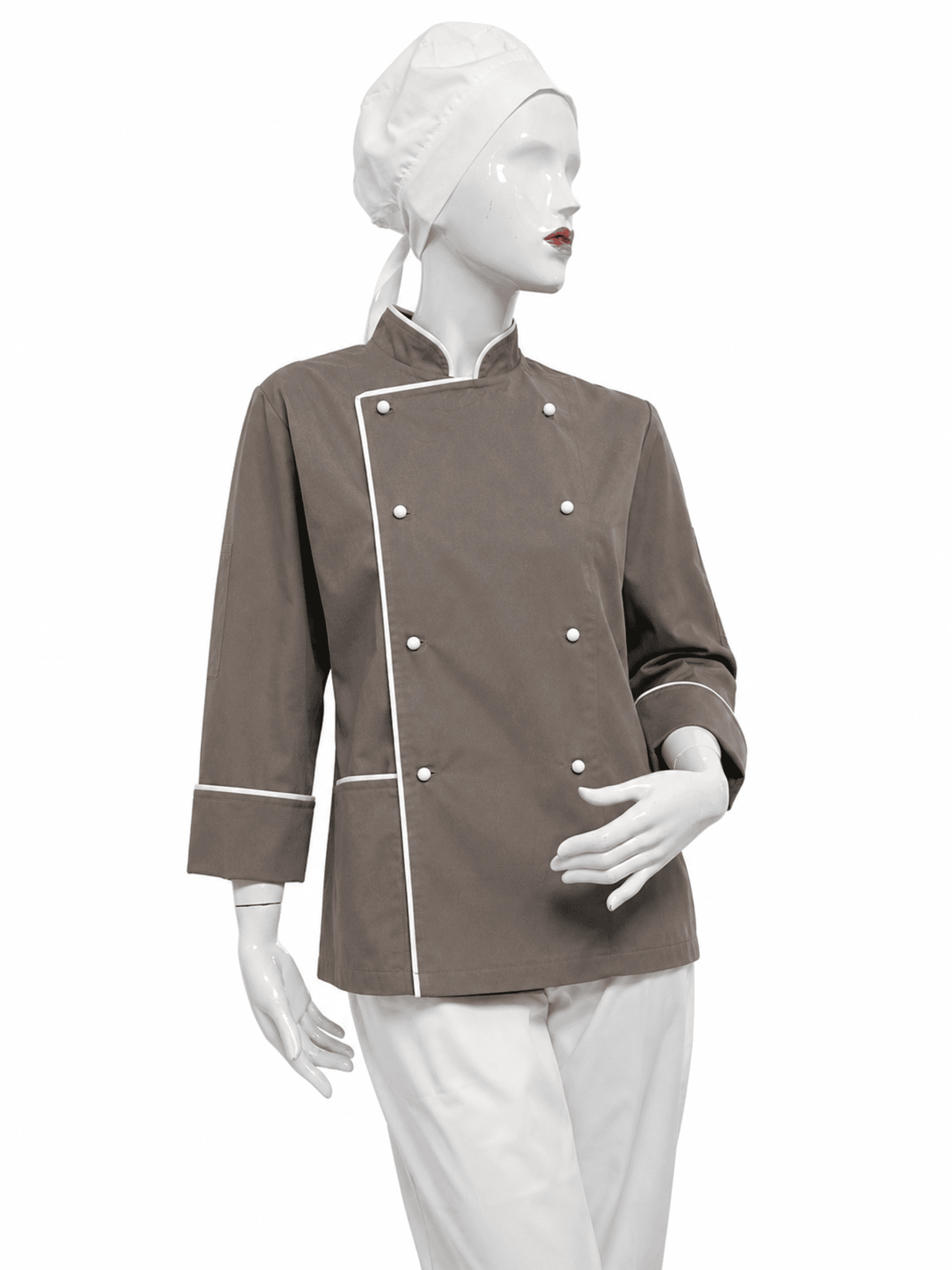 chaqueta gris acero de mujer, con vivos y botones blancos