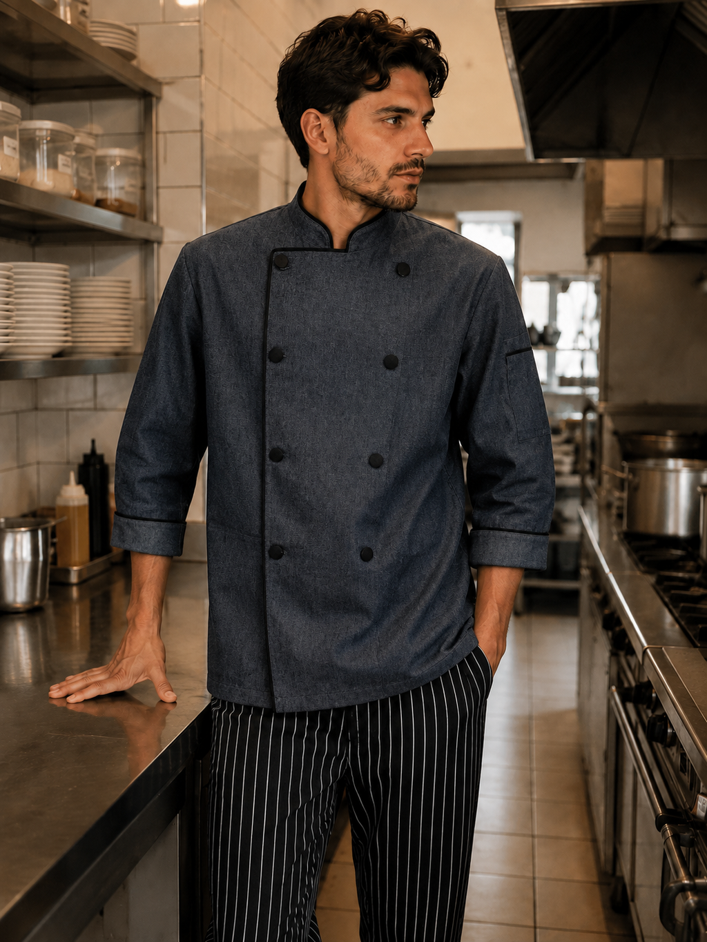 Chaqueta de Chef Hombre Denim con vivos negros | Askary