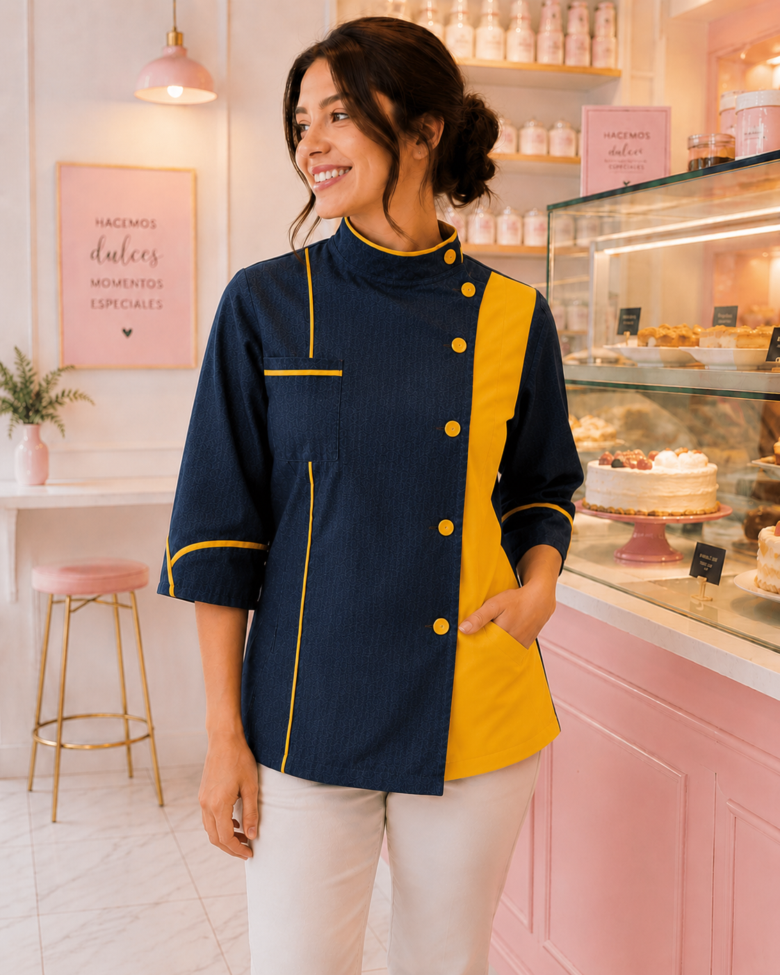 Chaqueta chef mujer denim azul marino con detalles amarillos Askary en pastelería