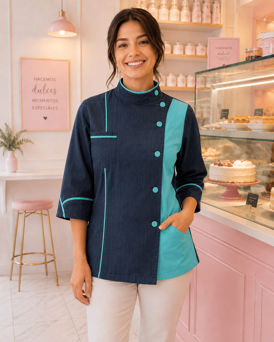 Chaqueta chef mujer denim azul marino con detalles calipso Askary en pastelería