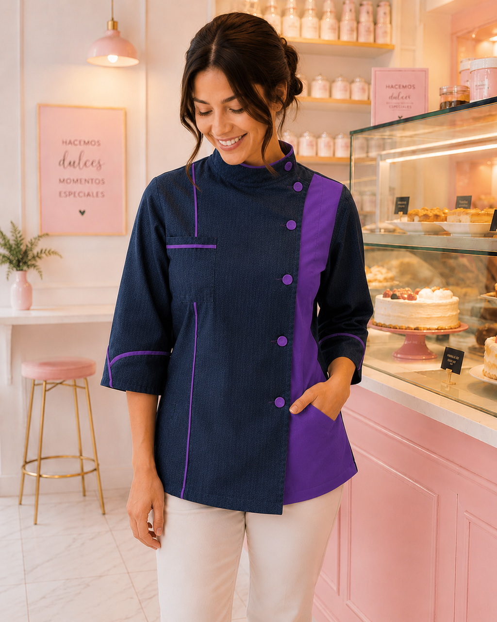 Chaqueta chef mujer denim azul marino con detalles morado Askary en pastelería