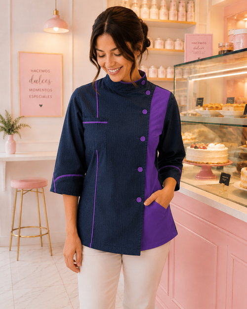 Chaqueta chef mujer denim azul marino con detalles morado Askary en pastelería
