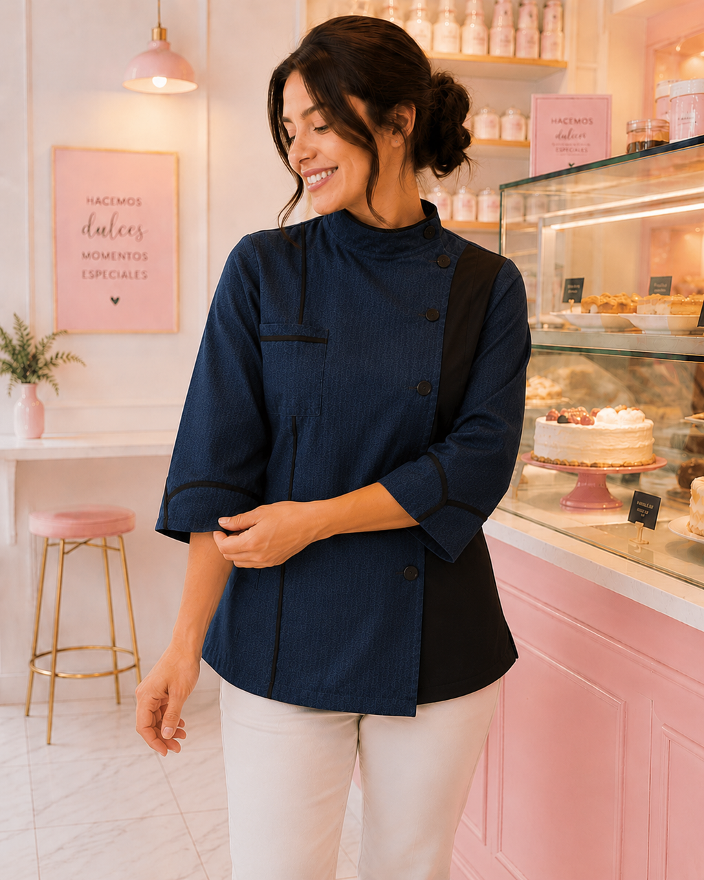 Chaqueta chef mujer denim azul marino con detalles negros Askary en pastelería