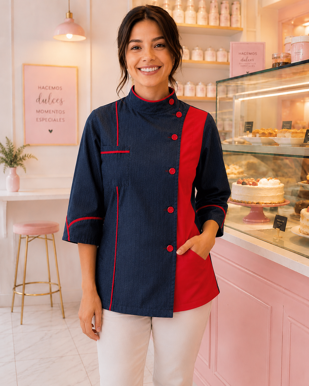 Chaqueta chef mujer denim azul marino con detalles en rojo Askary en pastelería
