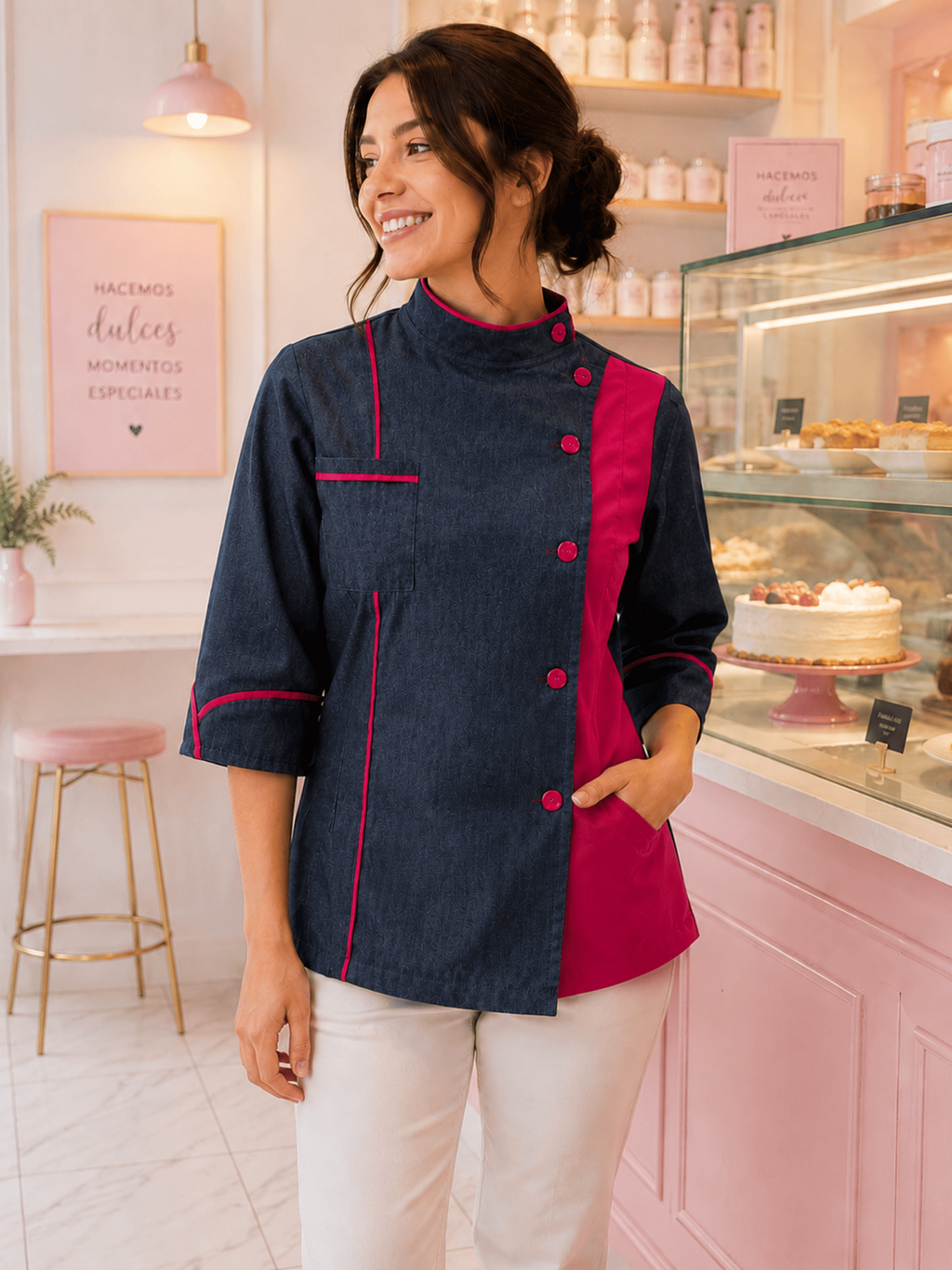 Chaqueta chef mujer denim azul marino con detalles fucsia Askary en pastelería
