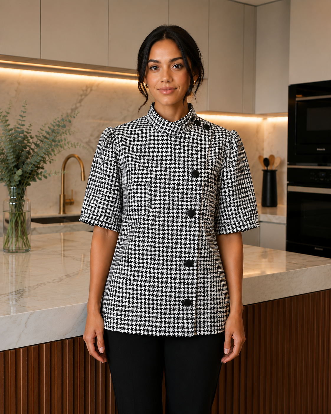 chaqueta chef mujer pie de poule Askary vista frontal cocina moderna