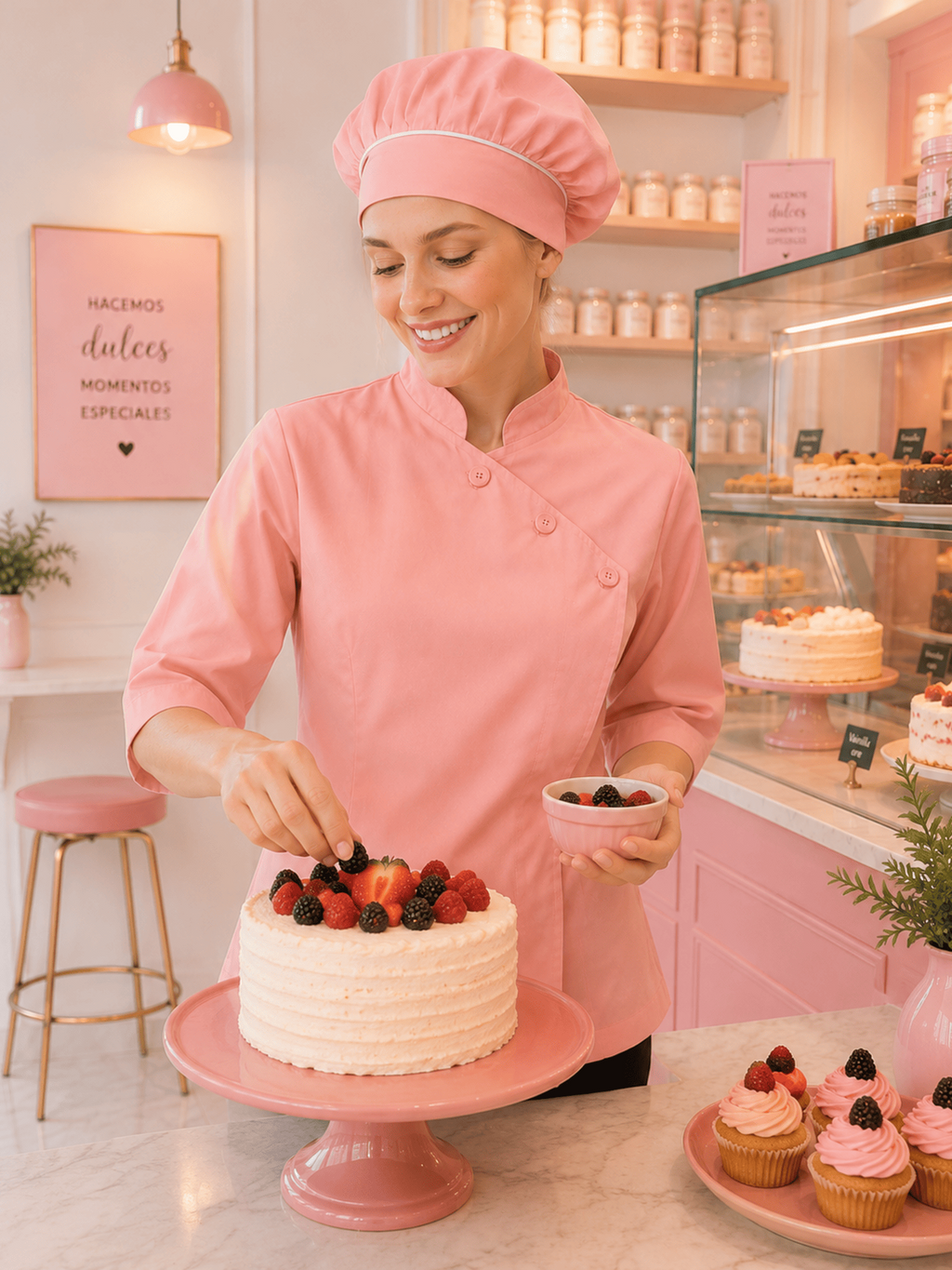 chaqueta de pastelera rosada con cierre escondido