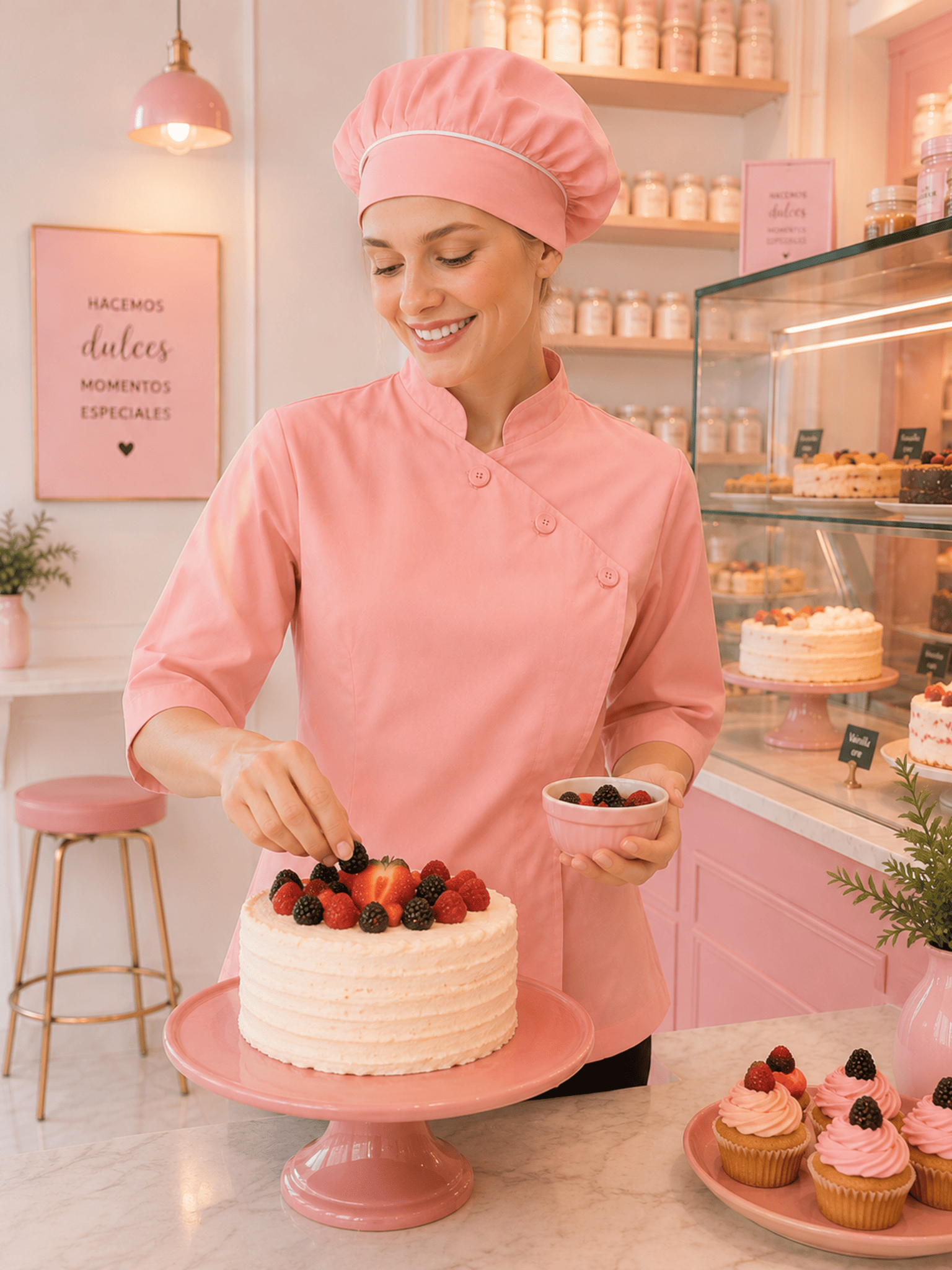 chaqueta de pastelera rosada con cierre escondido