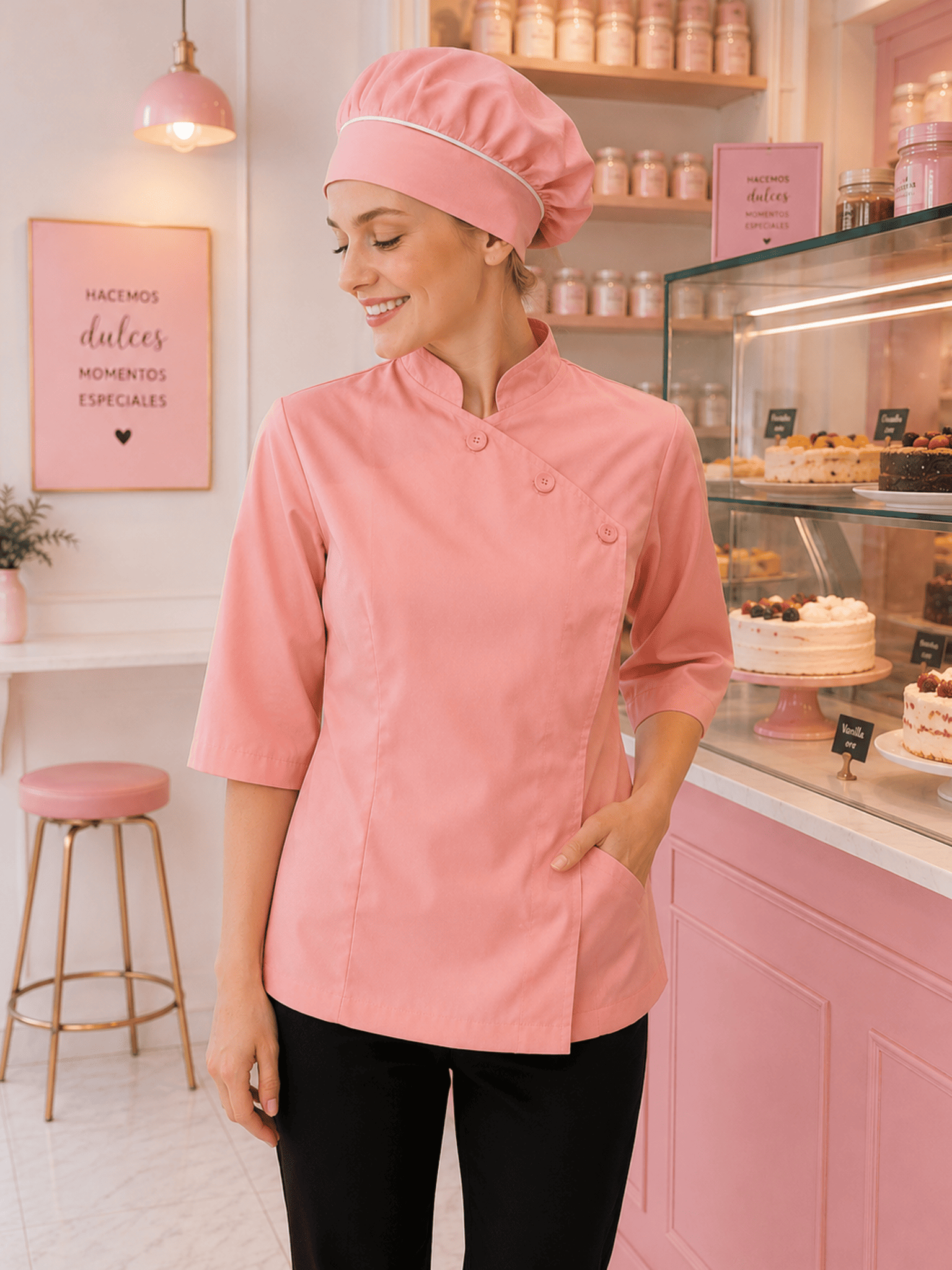 chaqueta rosada de mujer de pastelera o repostera