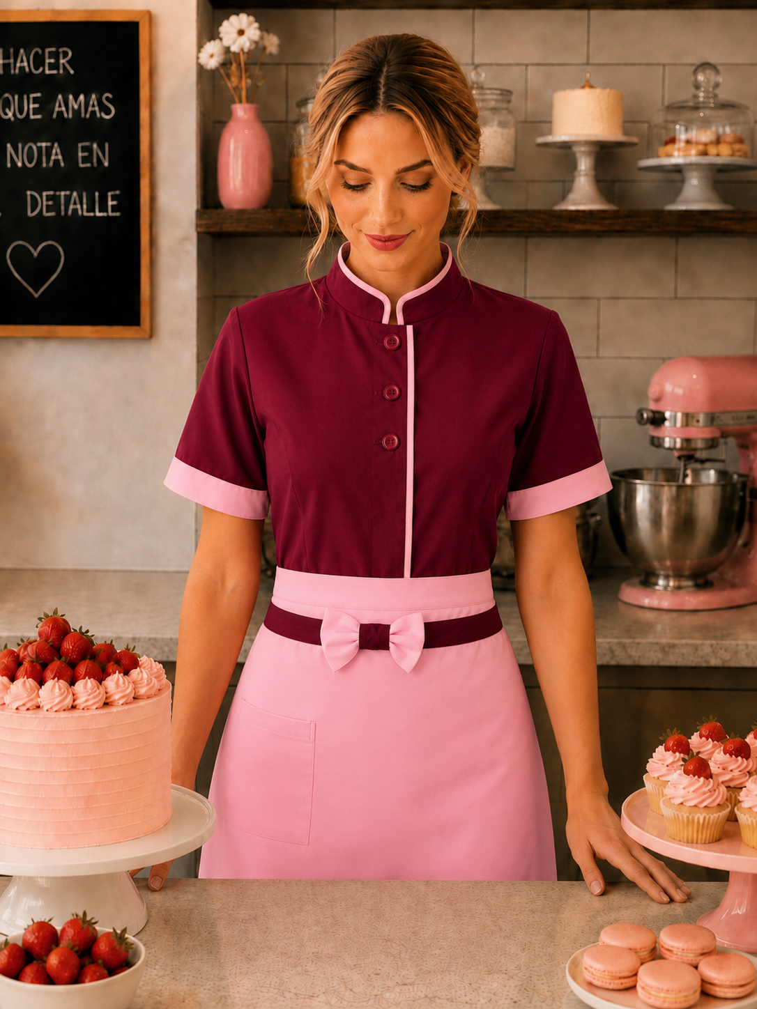 Modelo con conjunto pastelera mujer Askary color burdeos con mandil corto y vivos rosados