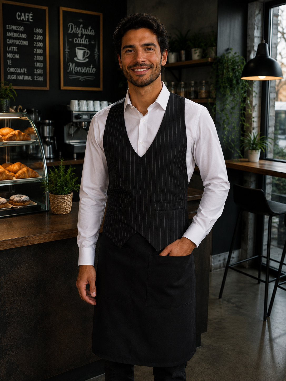 Delantal de garzón unisex negro con diseño listado y múltiples bolsillos Askary