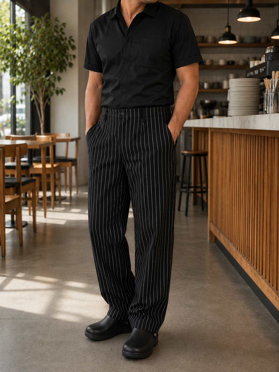 Pantalón chef hombre a rayas Askary en cocina moderna