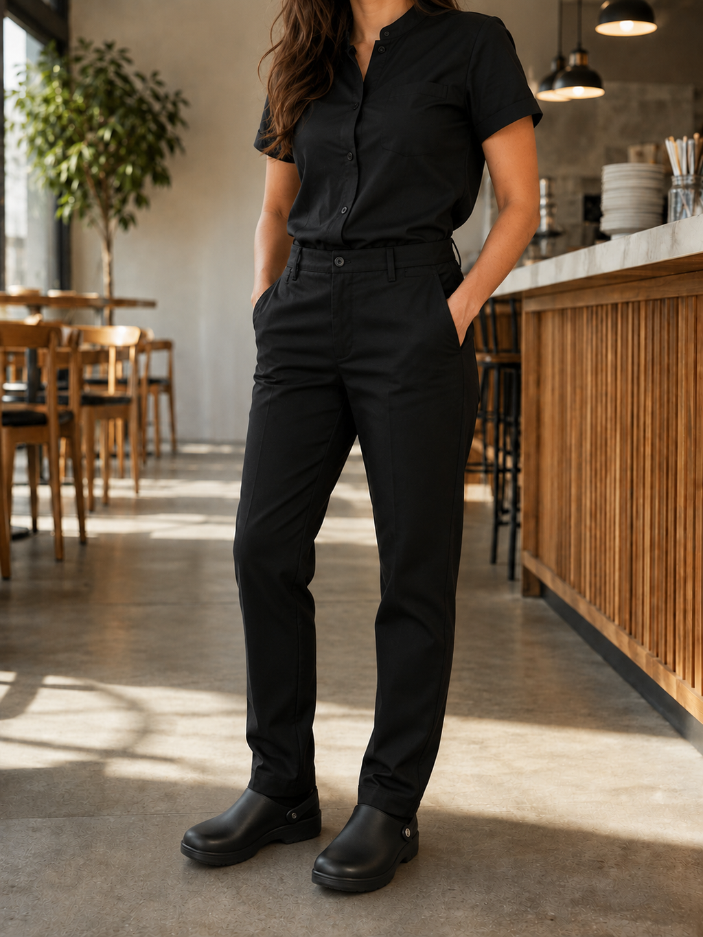 Pantalón gastronómico mujer negro Askary en cafetería moderna