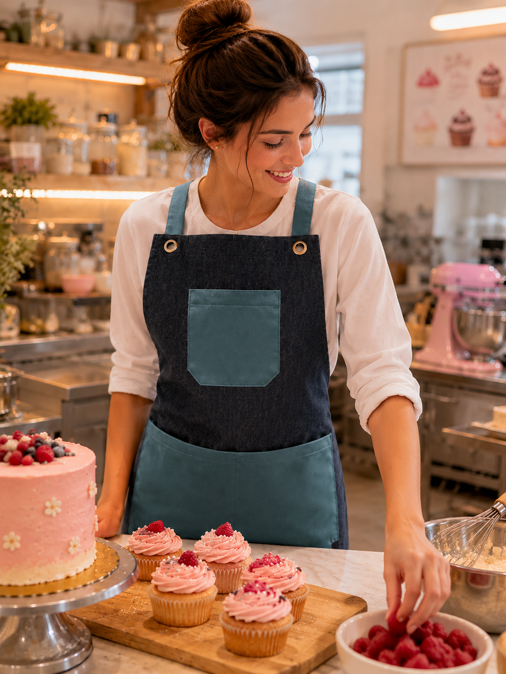 Pechera Unisex en Denim Azul con Rosado Askary | Pechera de Cocina y Repostería