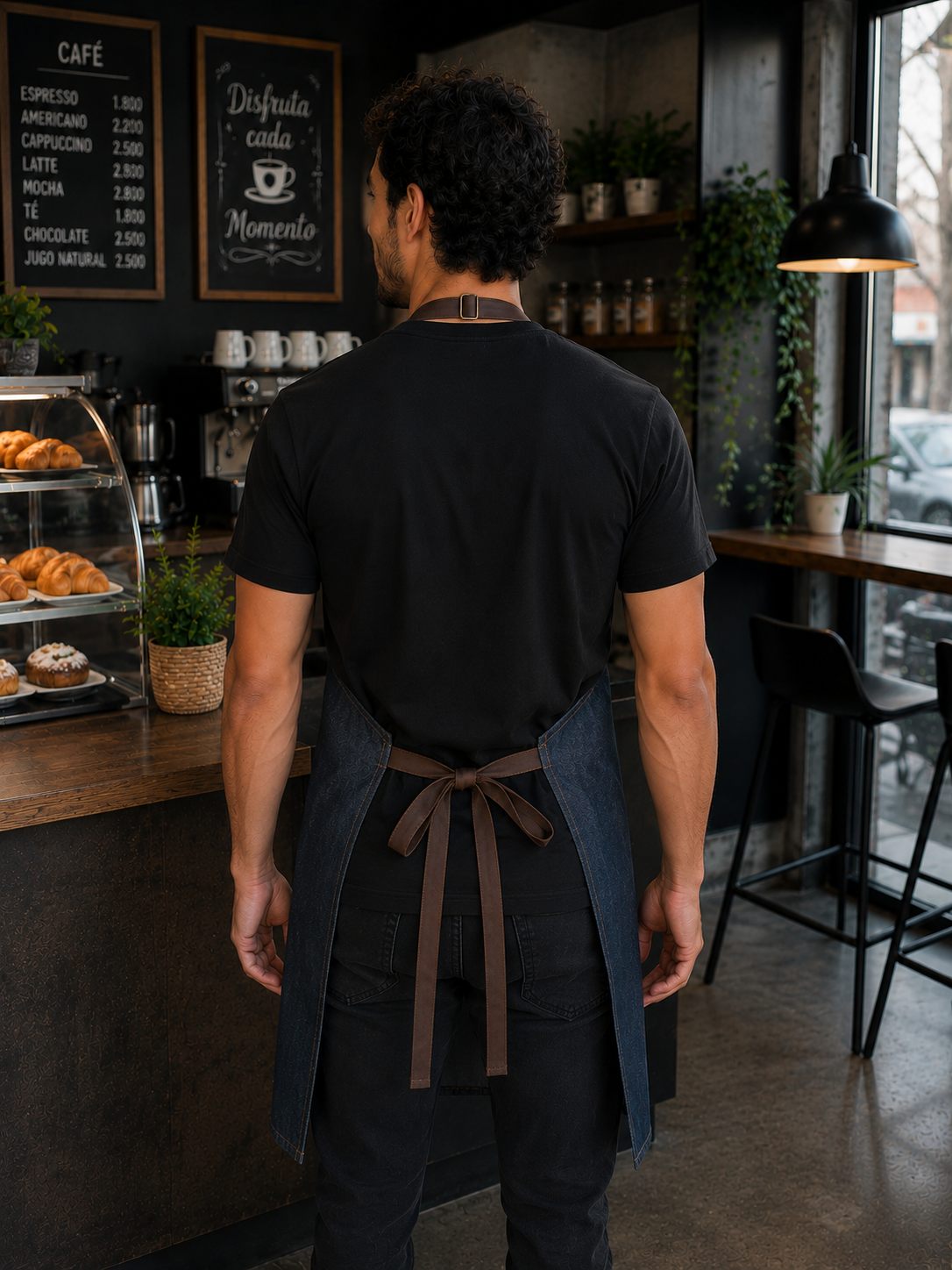 Pechera de mezclilla con tirantes de cuero sintético café y amarre posterior Askary