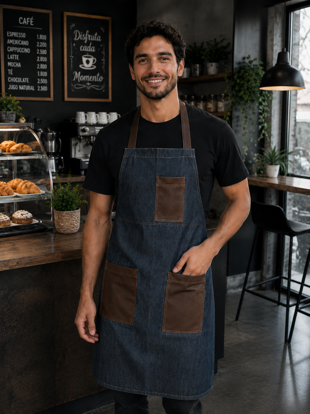 Pechera de mezclilla denim con bolsillos y tirantes de cuero sintético café Askary