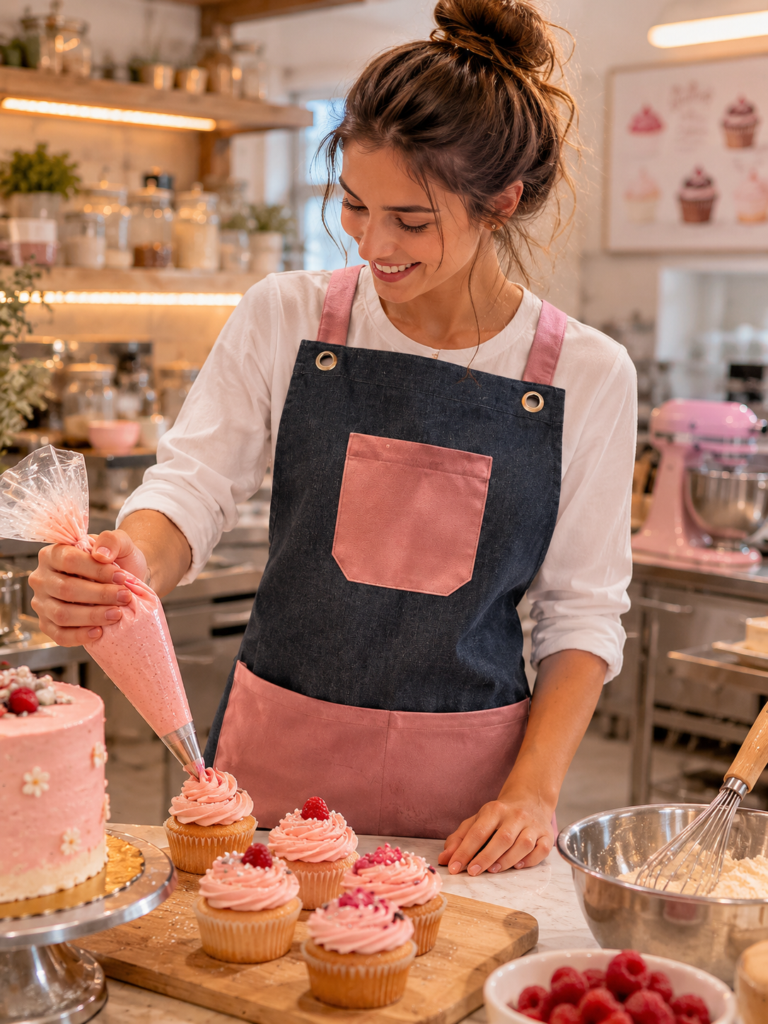Pechera Unisex en Denim Azul con Rosado Askary | Pechera de Cocina y Repostería