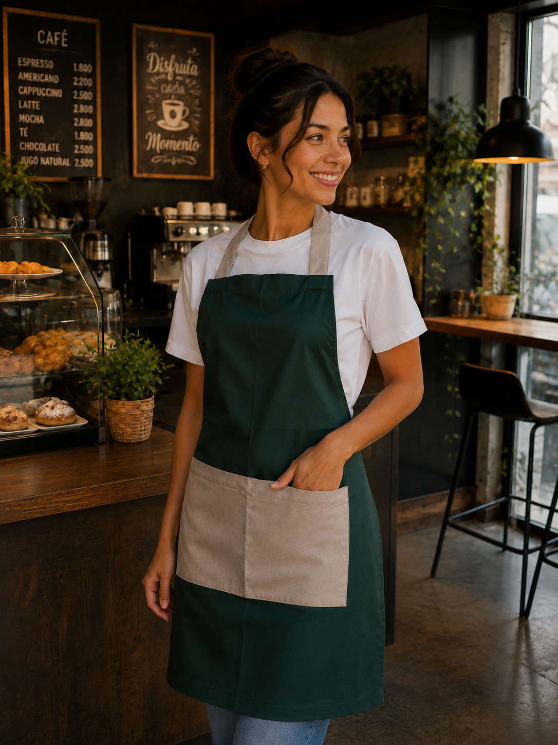 Pechera de Cocina Verde Botella con Detalles Café | Askary